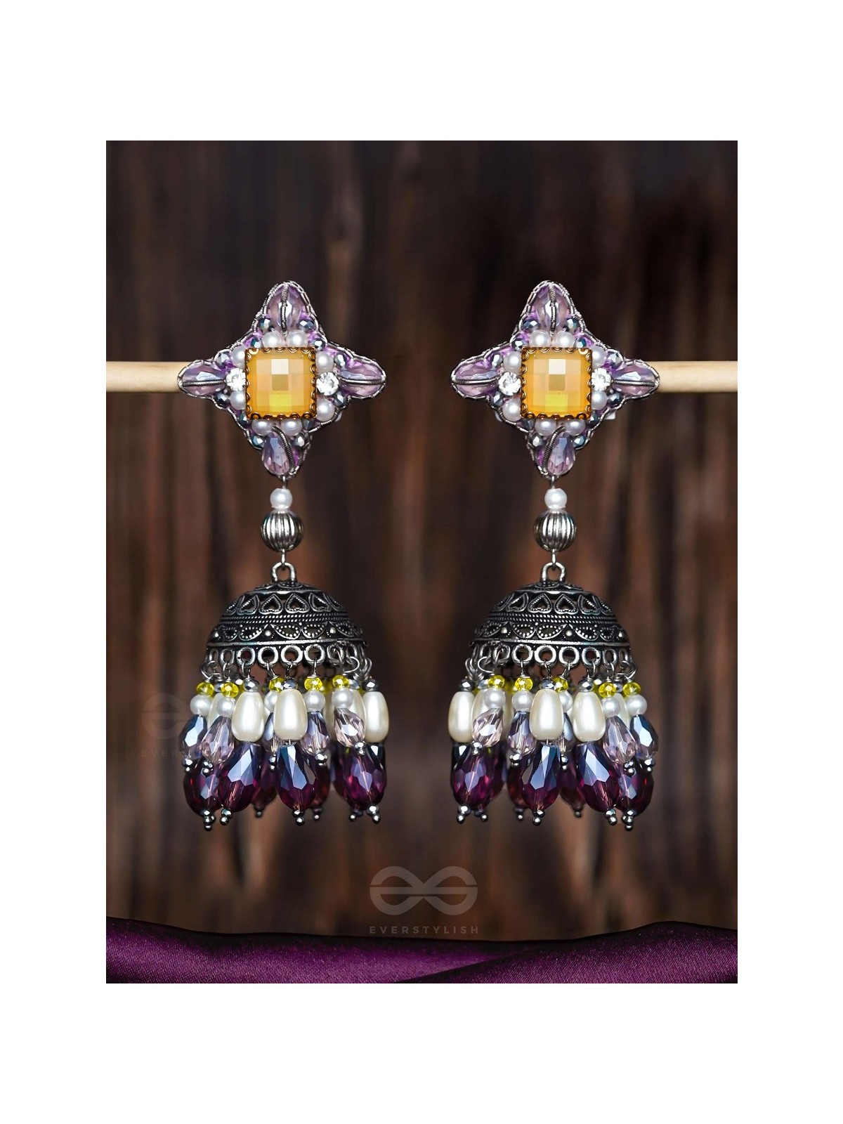 Vasatya - Gradient Of Dusk - Stone And Beads Hand Embroidered And Oxidised Jhumka Earrings