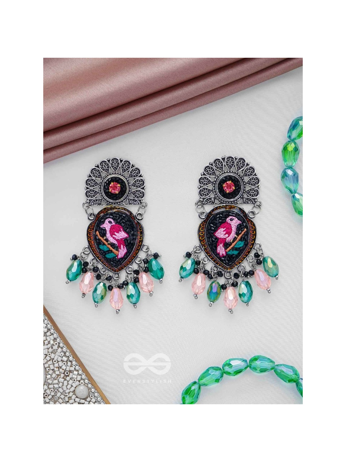 VIHANGIKA - FEATHERED FLIGHT ELEGANCE - STONE, GLASS DROPS AND RESHAM EMBROIDERED AND OXIDISED EARRINGS