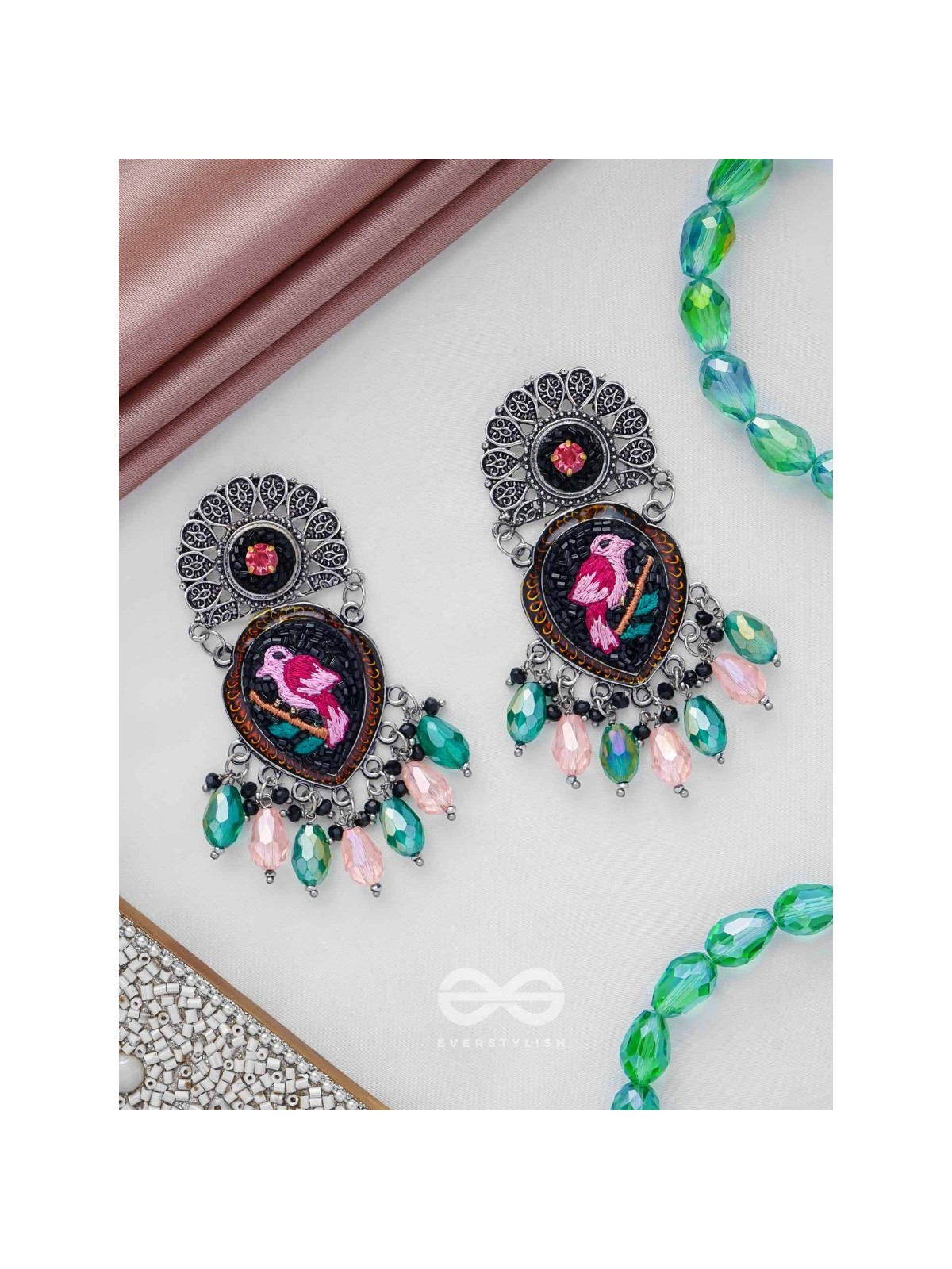 VIHANGIKA - FEATHERED FLIGHT ELEGANCE - STONE, GLASS DROPS AND RESHAM EMBROIDERED AND OXIDISED EARRINGS
