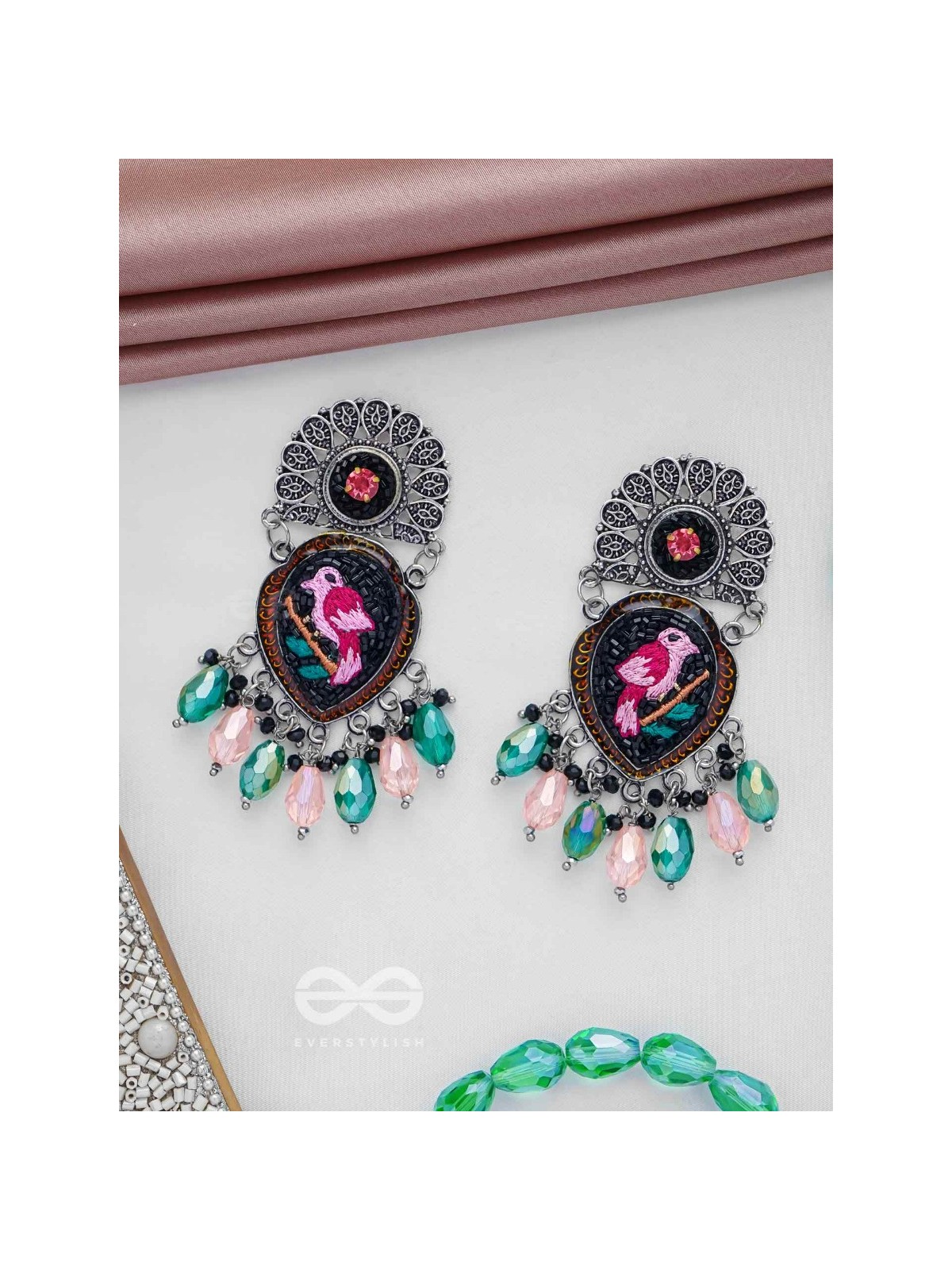 VIHANGIKA - FEATHERED FLIGHT ELEGANCE - STONE, GLASS DROPS AND RESHAM EMBROIDERED AND OXIDISED EARRINGS