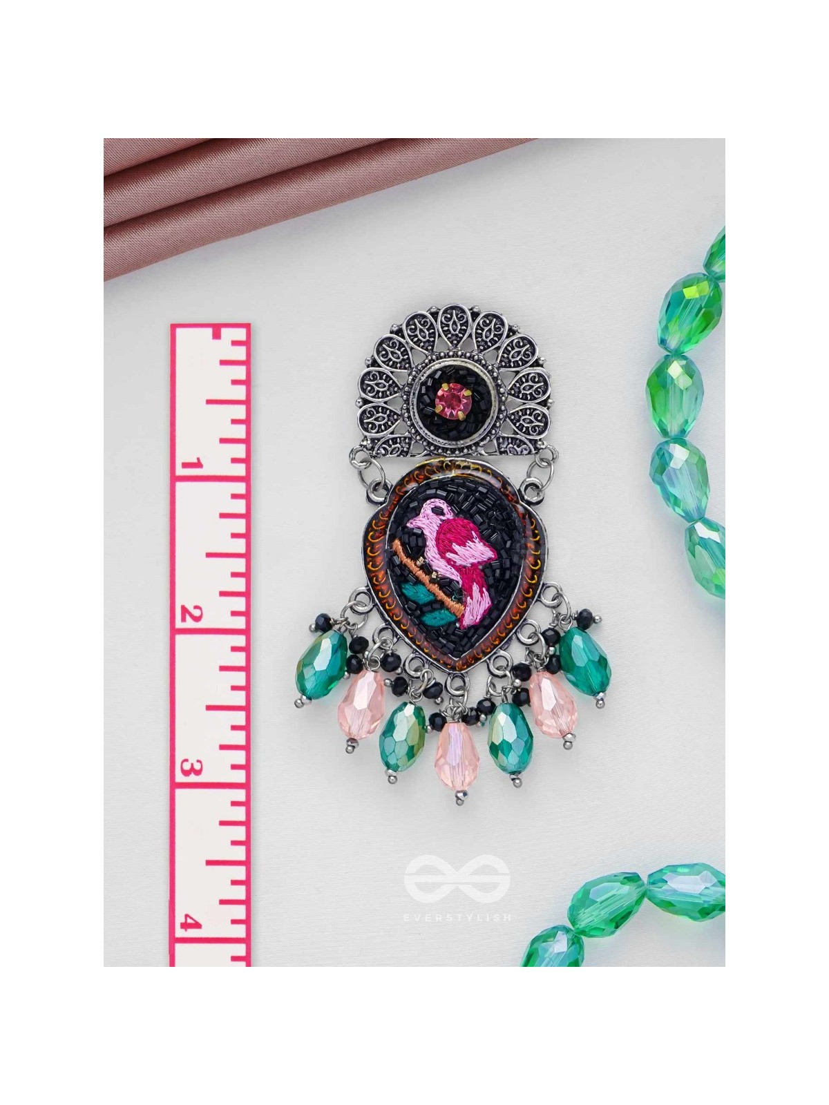 VIHANGIKA - FEATHERED FLIGHT ELEGANCE - STONE, GLASS DROPS AND RESHAM EMBROIDERED AND OXIDISED EARRINGS