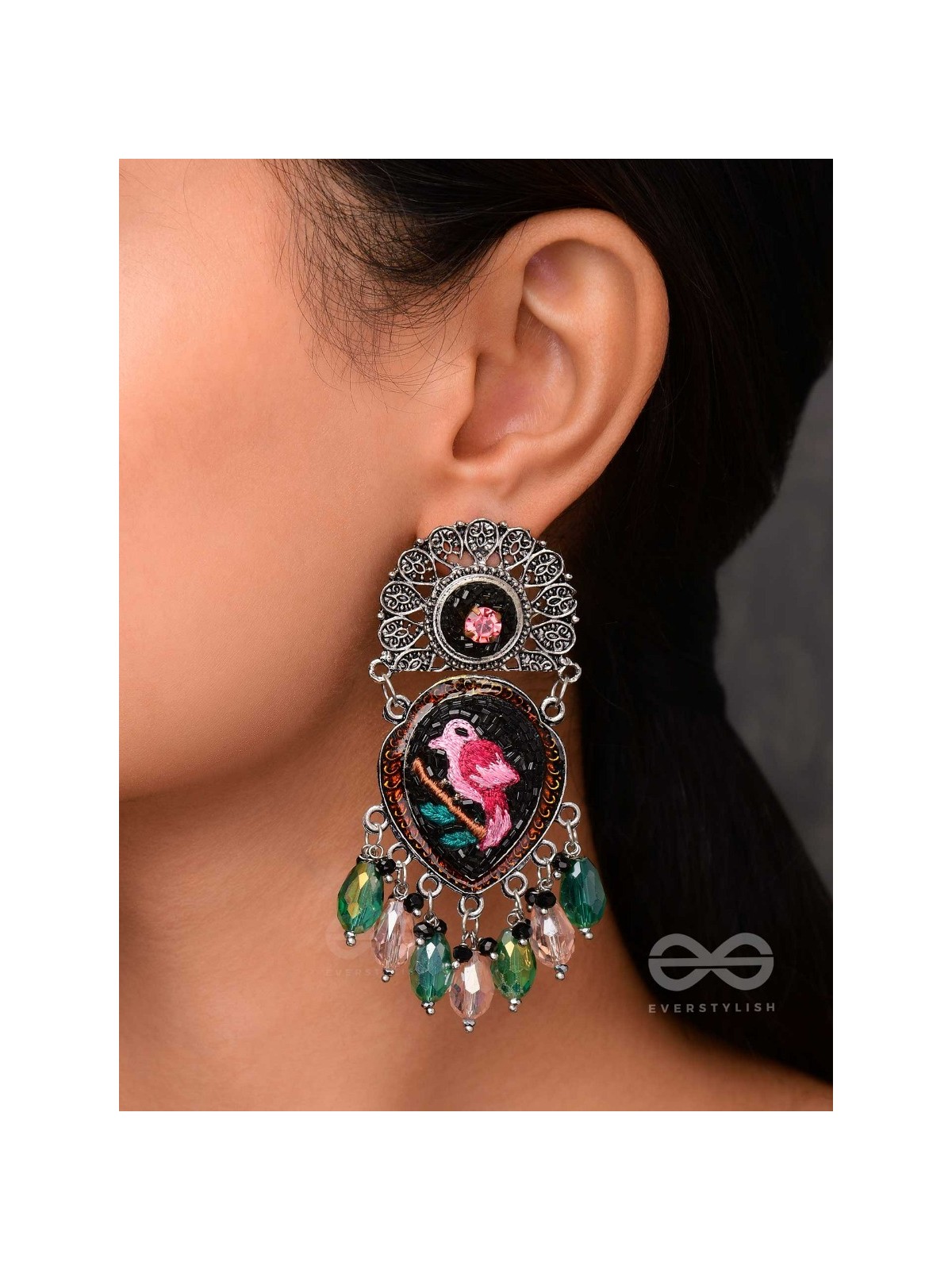VIHANGIKA - FEATHERED FLIGHT ELEGANCE - STONE, GLASS DROPS AND RESHAM EMBROIDERED AND OXIDISED EARRINGS