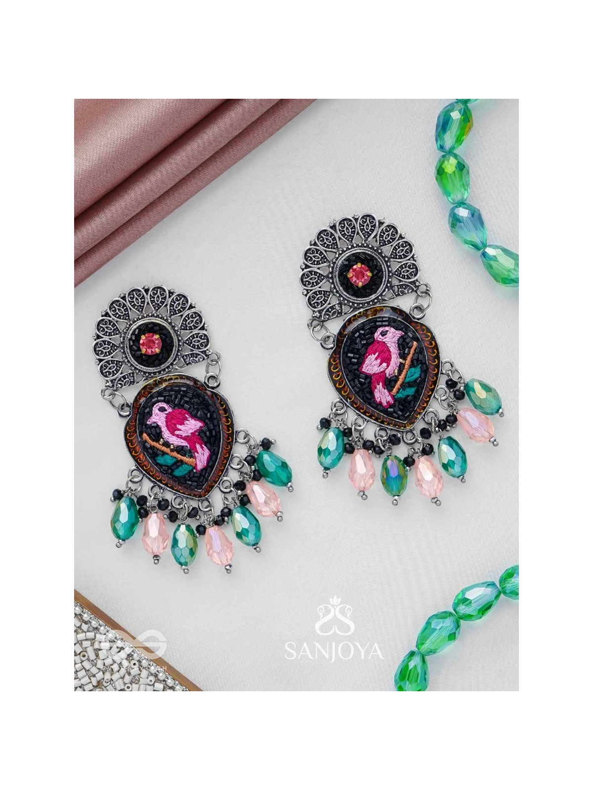 VIHANGIKA - FEATHERED FLIGHT ELEGANCE - STONE, GLASS DROPS AND RESHAM EMBROIDERED AND OXIDISED EARRINGS