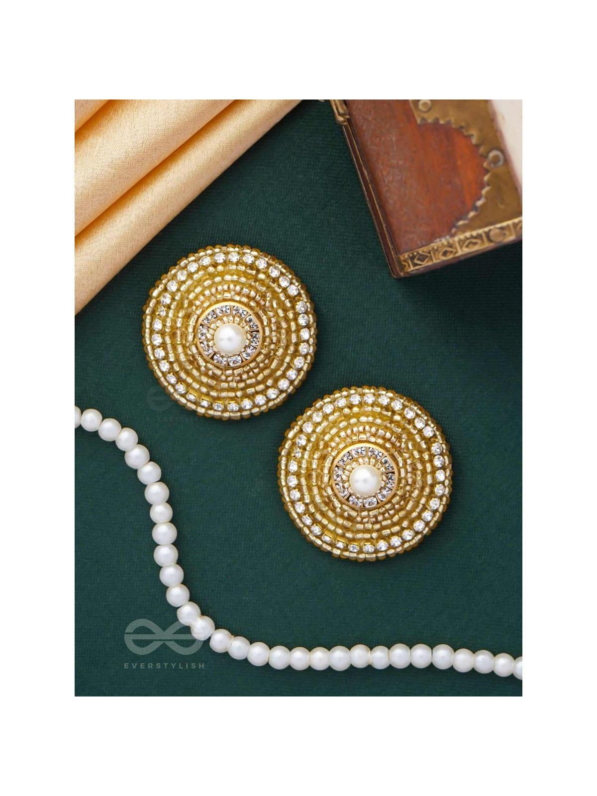 PRABHAKARINI - THE ILLUMINATING GOLDEN - PEARLS AND BEADS EMBROIDERED STUD EARRINGS