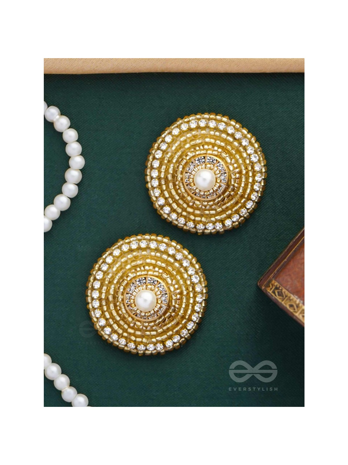 PRABHAKARINI - THE ILLUMINATING GOLDEN - PEARLS AND BEADS EMBROIDERED STUD EARRINGS