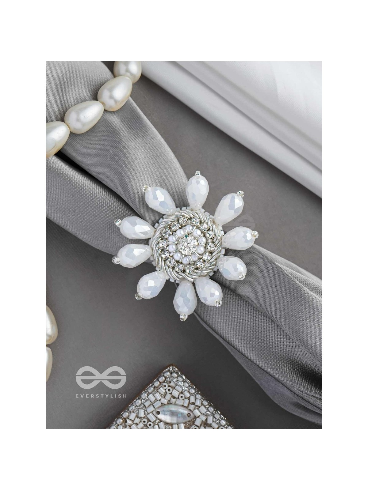 Tejovat - Glimmering White Brilliance - Stone, Beads And Glass Drops Hand Embroidered Ring (Adjustable)