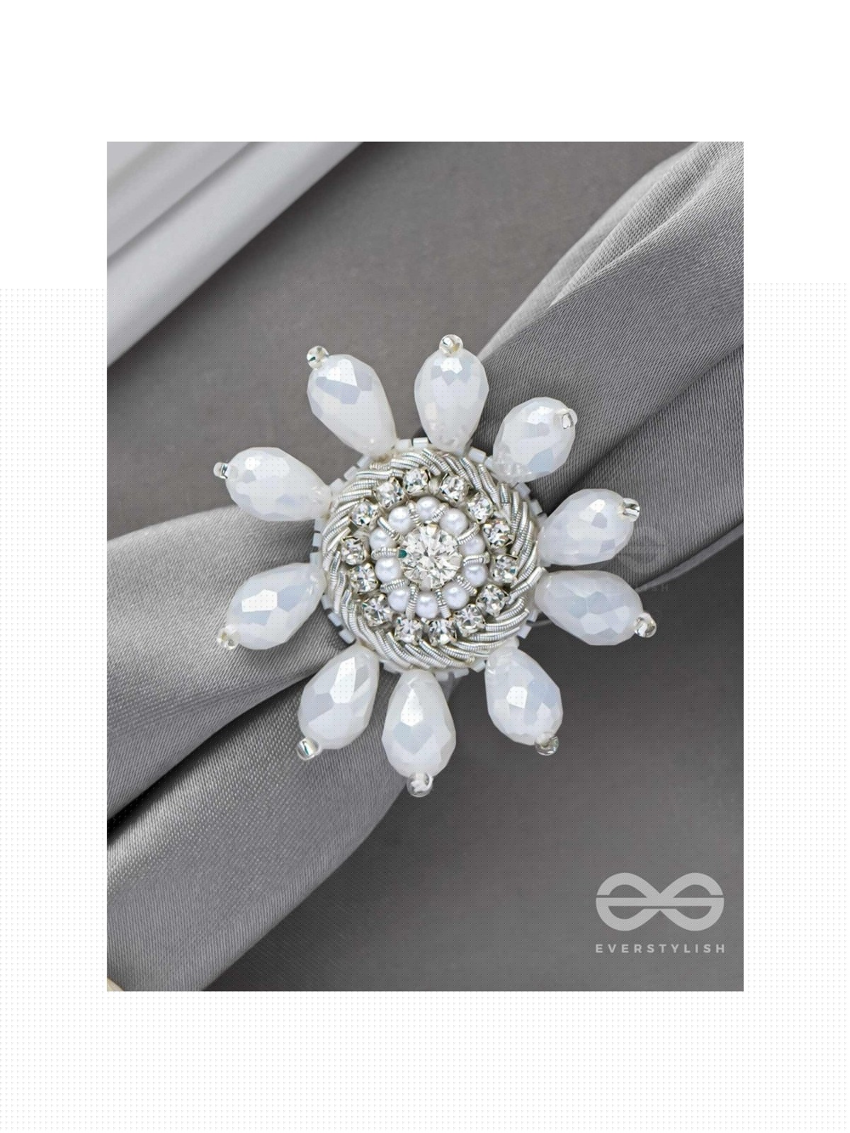 Tejovat - Glimmering White Brilliance - Stone, Beads And Glass Drops Hand Embroidered Ring (Adjustable)