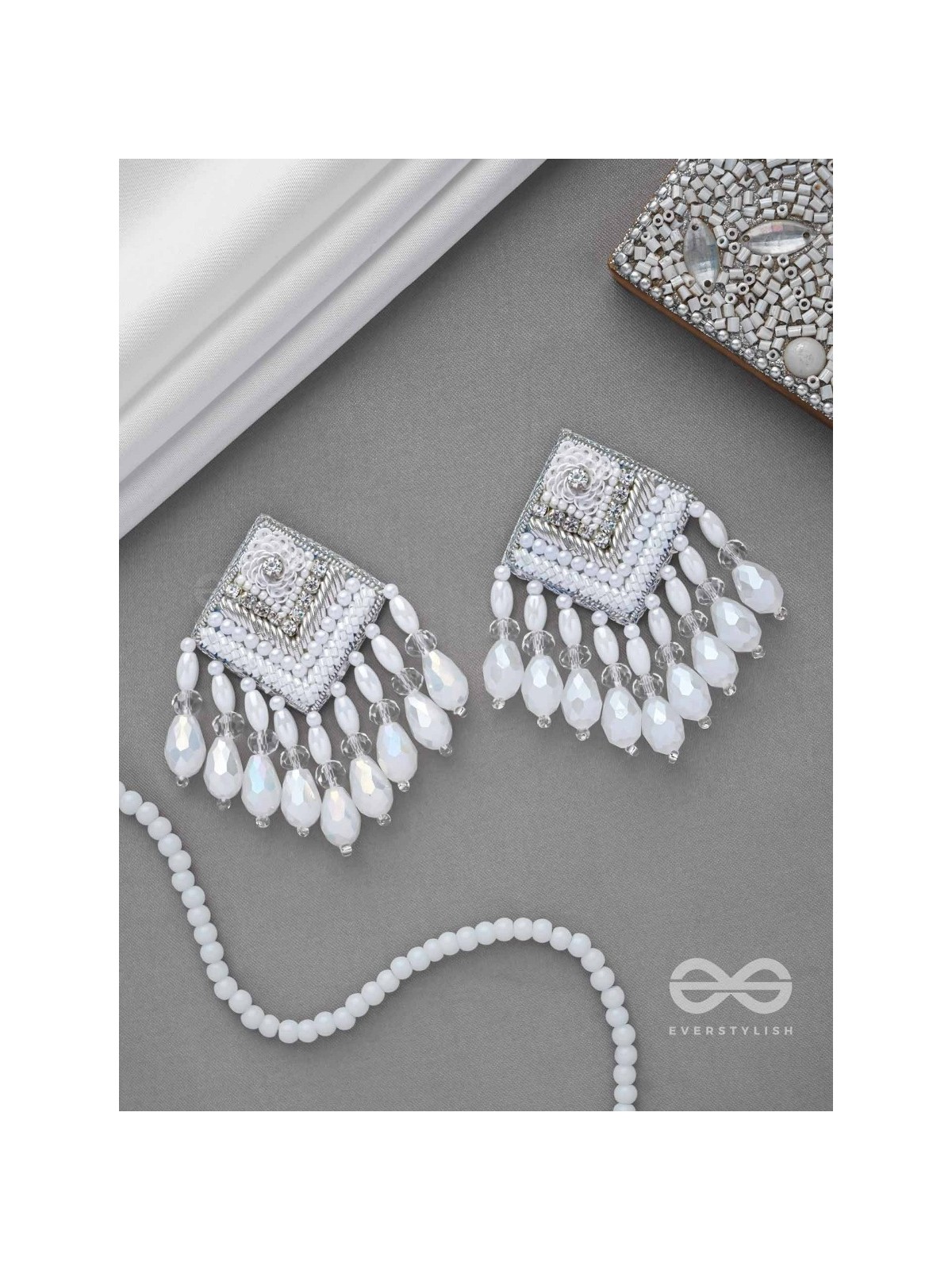 AABDIKA - SNOW LIKE CRYSTALS - SEQUINS, PEARLS AND GLASS DROP EMBROIDERED EARRINGS