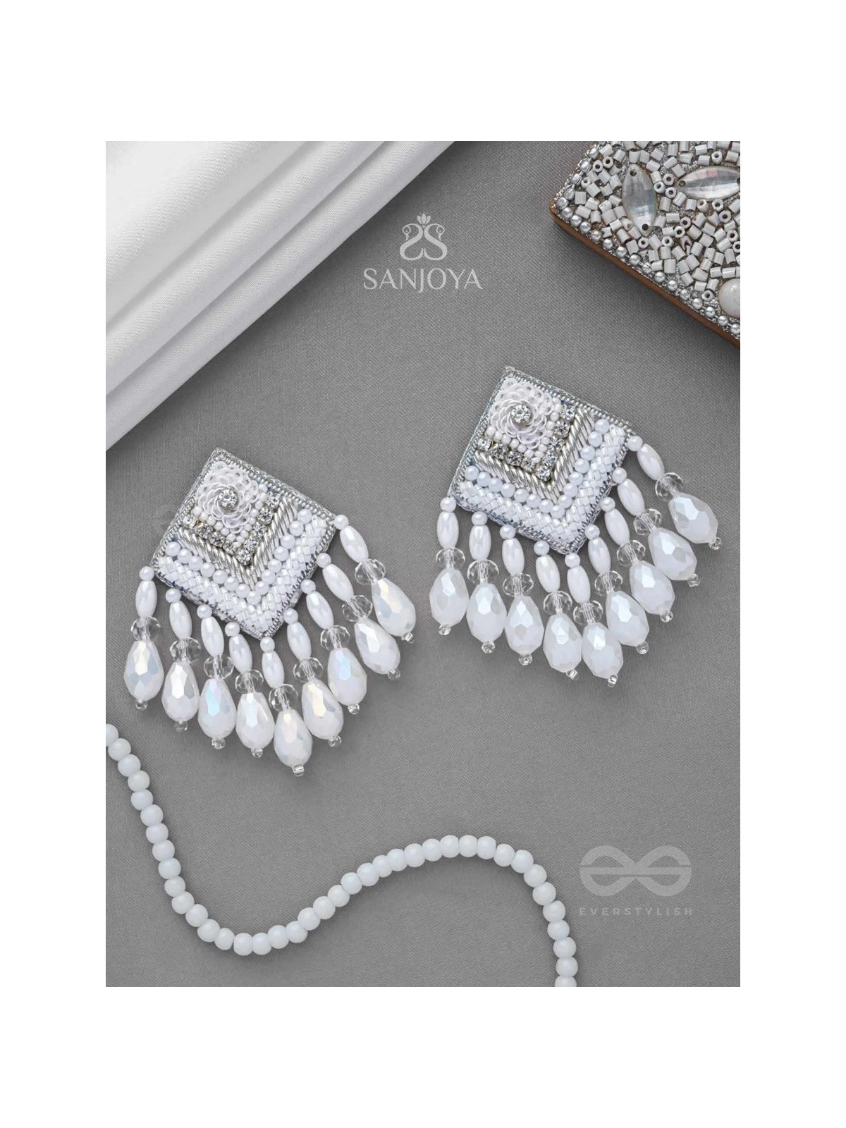 AABDIKA - SNOW LIKE CRYSTALS - SEQUINS, PEARLS AND GLASS DROP EMBROIDERED EARRINGS