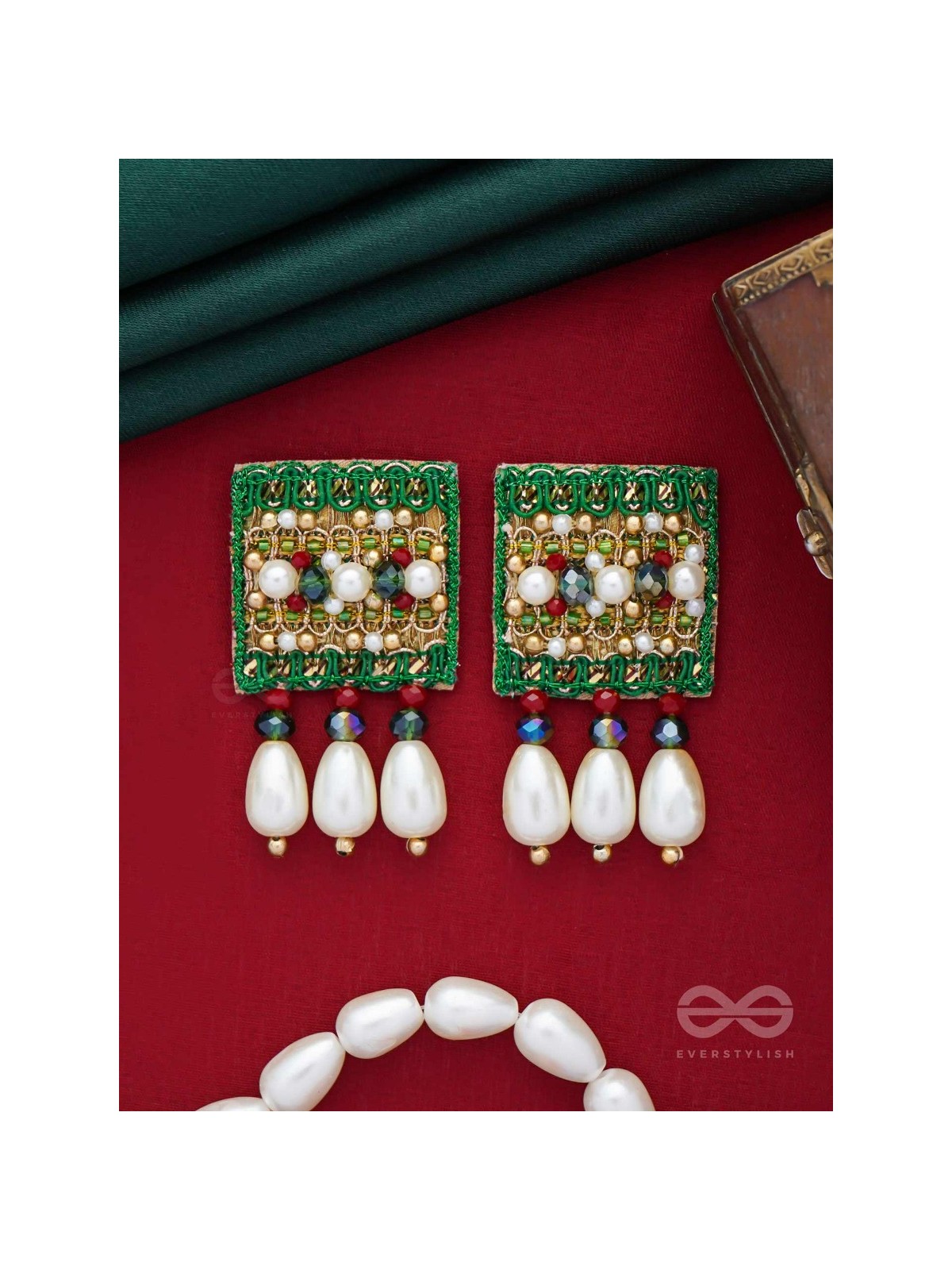 Kasisa - Scarlet's Secret Garden - Beads And Pearls Hand Embroidered Earrings