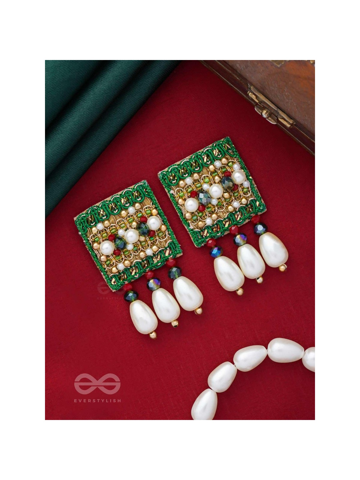 Kasisa - Scarlet's Secret Garden - Beads And Pearls Hand Embroidered Earrings