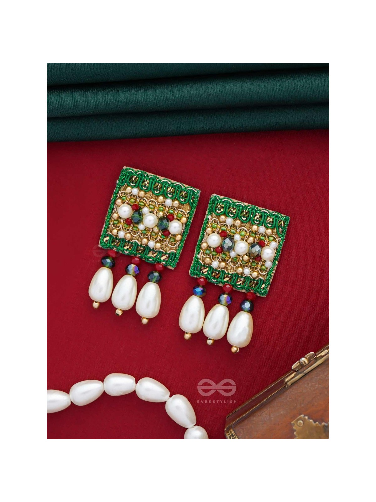 Kasisa - Scarlet's Secret Garden - Beads And Pearls Hand Embroidered Earrings
