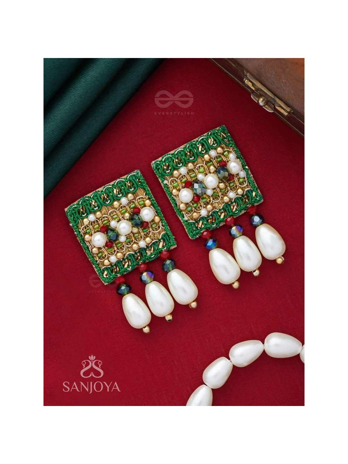 Kasisa - Scarlet's Secret Garden - Beads And Pearls Hand Embroidered Earrings
