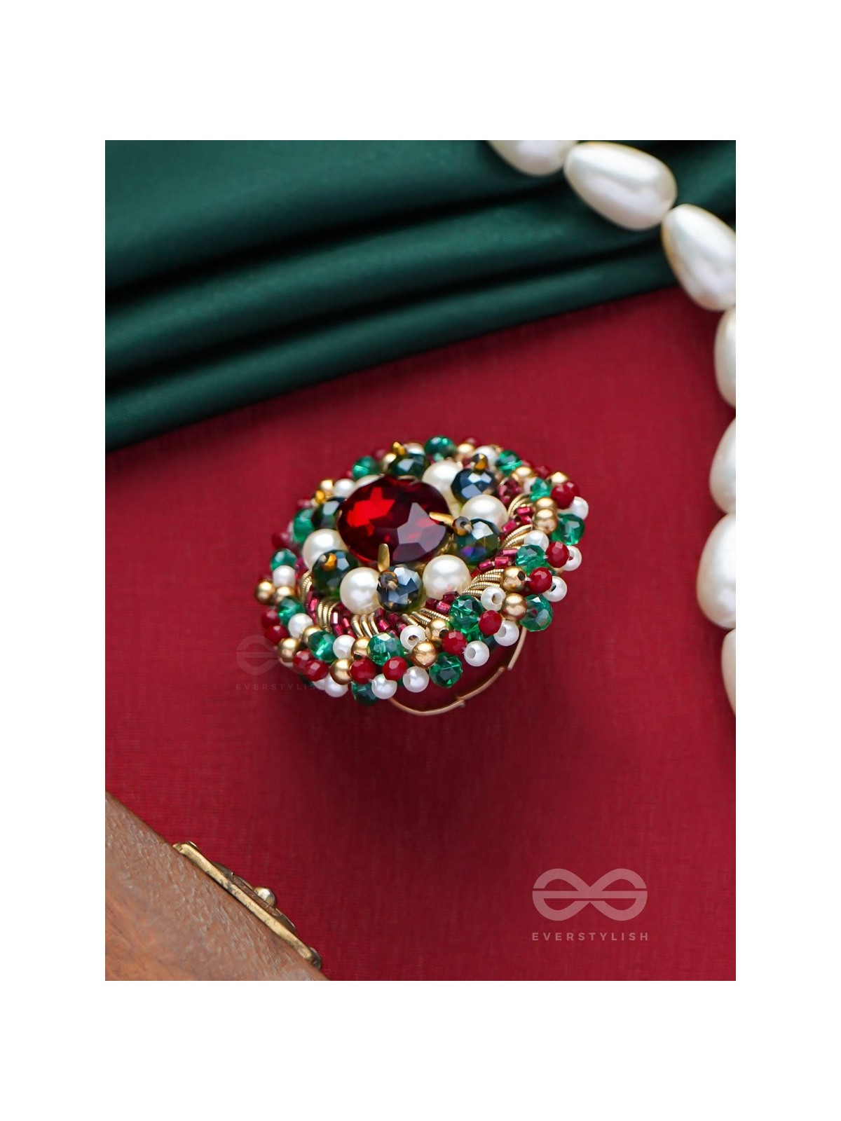AKSHEPA - THE STATEMENT ONE - STONE, PEARLS AND BEADS EMBROIDERED RING