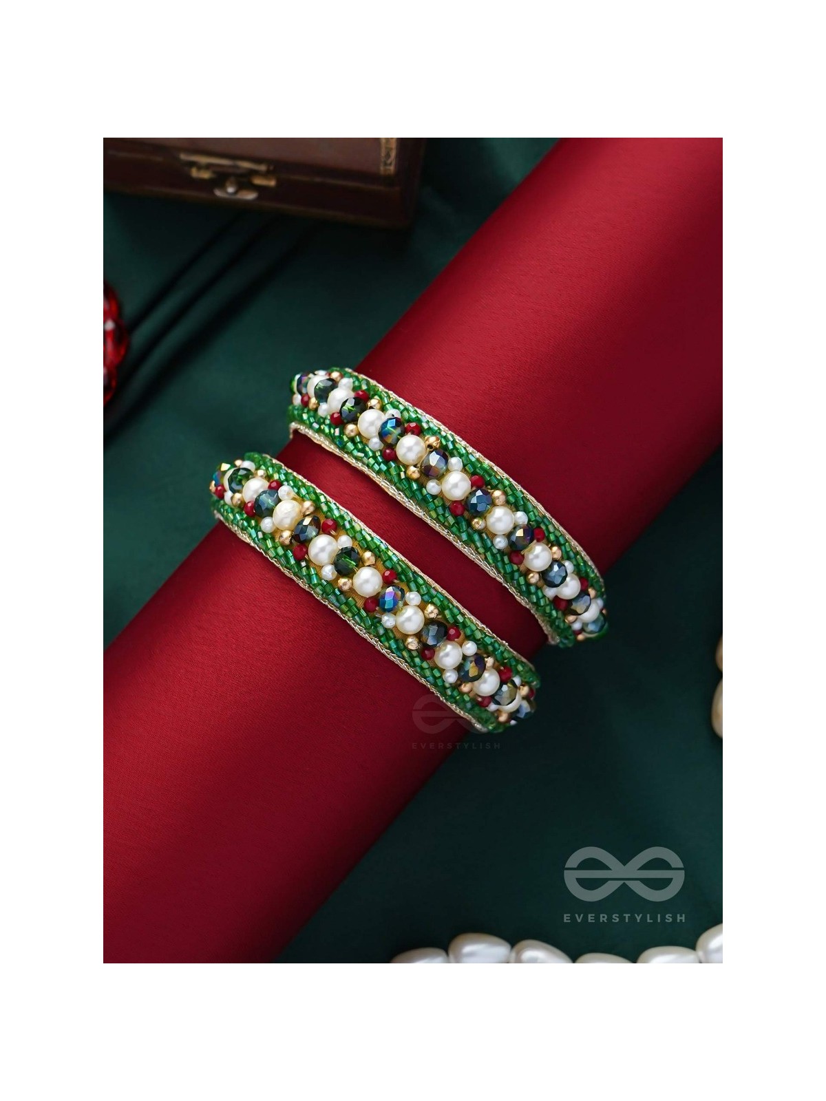 Parnaya - The Rosy Forest - Pearls, Cutdana And Beads Hand Embroidered Bangles (Set Of 2)