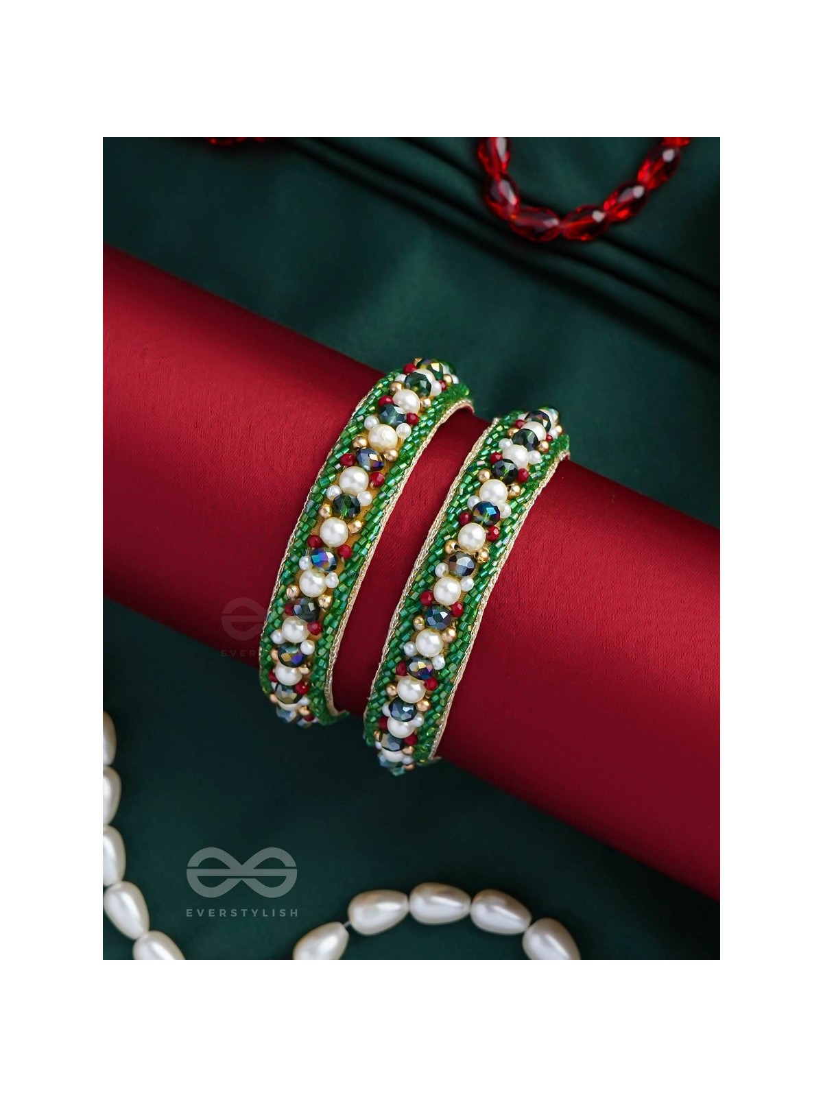 Parnaya - The Rosy Forest - Pearls, Cutdana And Beads Hand Embroidered Bangles (Set Of 2)