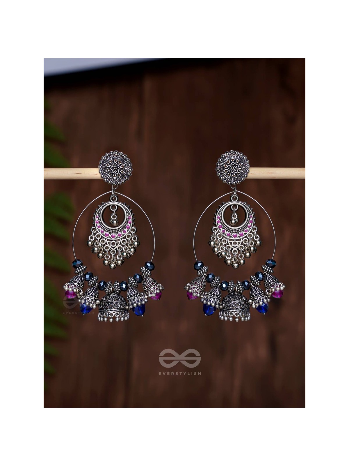  DUSKY SKYLINE ELEGANCE - STATEMENT EMBELLISHED OXIDISED JHUMKA EARRINGS