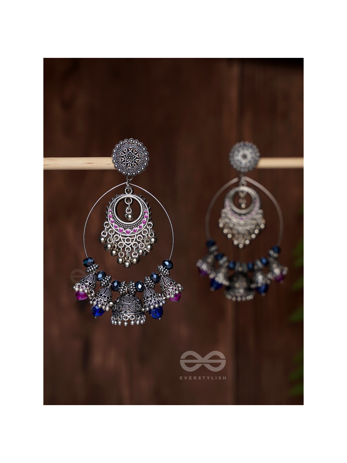  DUSKY SKYLINE ELEGANCE - STATEMENT EMBELLISHED OXIDISED JHUMKA EARRINGS