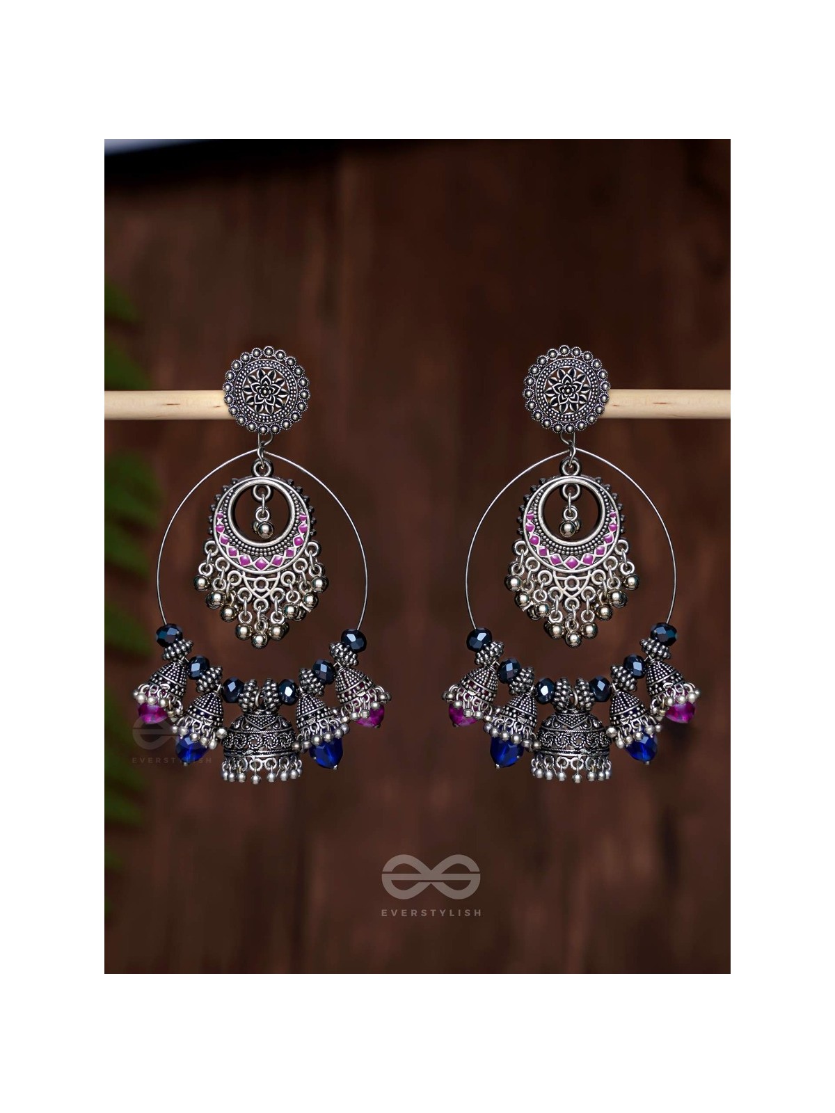  DUSKY SKYLINE ELEGANCE - STATEMENT EMBELLISHED OXIDISED JHUMKA EARRINGS