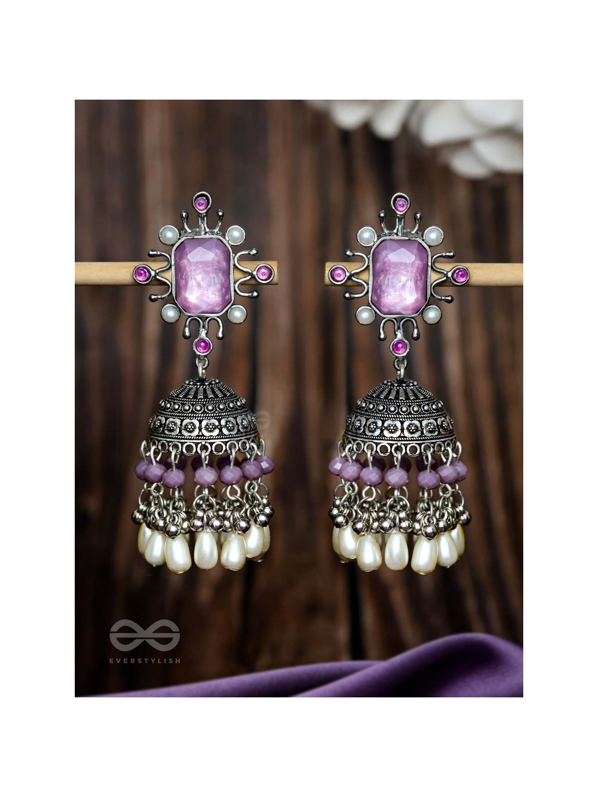 A MYSTICAL DUSK - STATEMENT EMBELLISHED OXIDISED JHUMKA EARRINGS