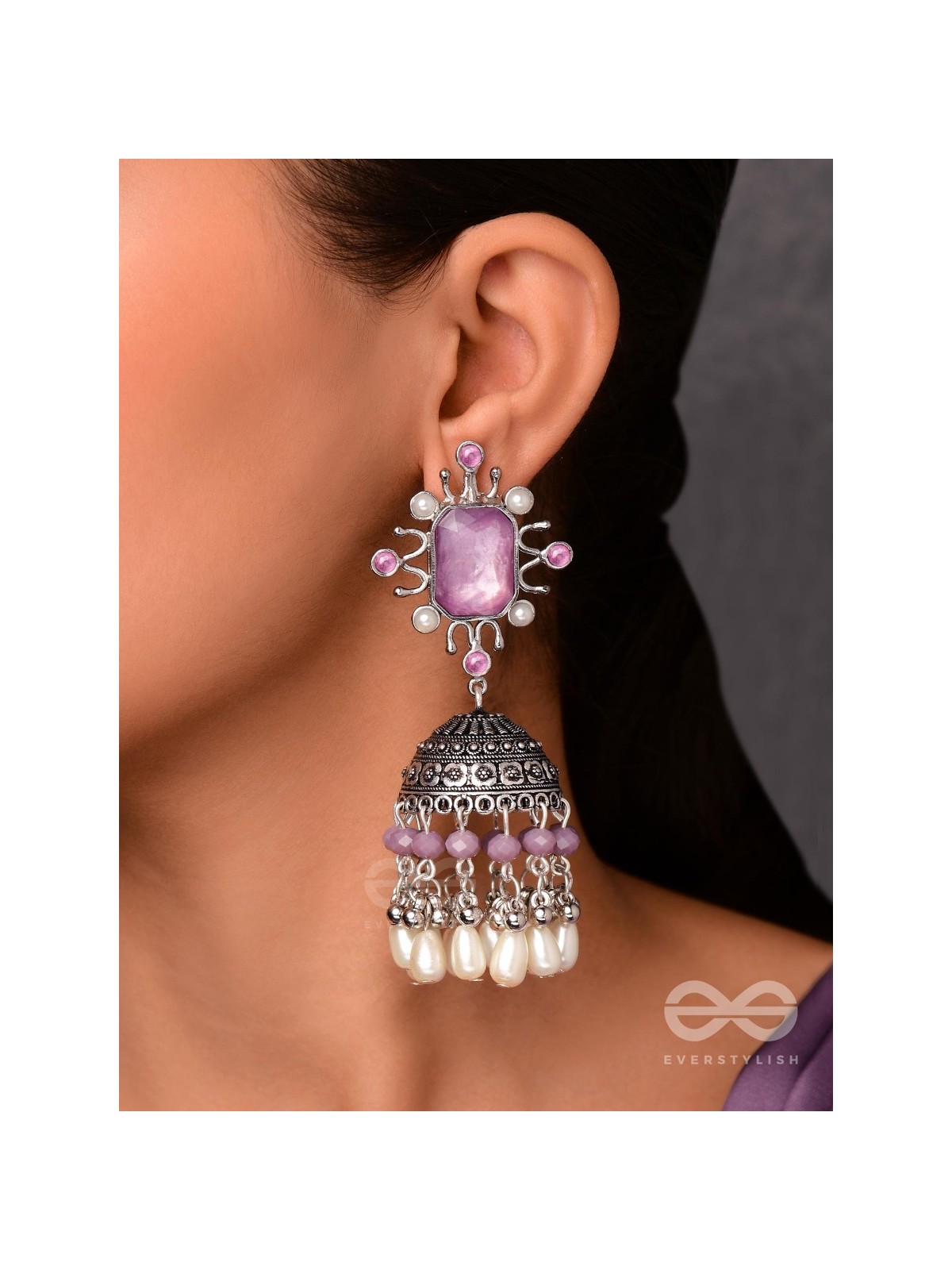 A MYSTICAL DUSK - STATEMENT EMBELLISHED OXIDISED JHUMKA EARRINGS