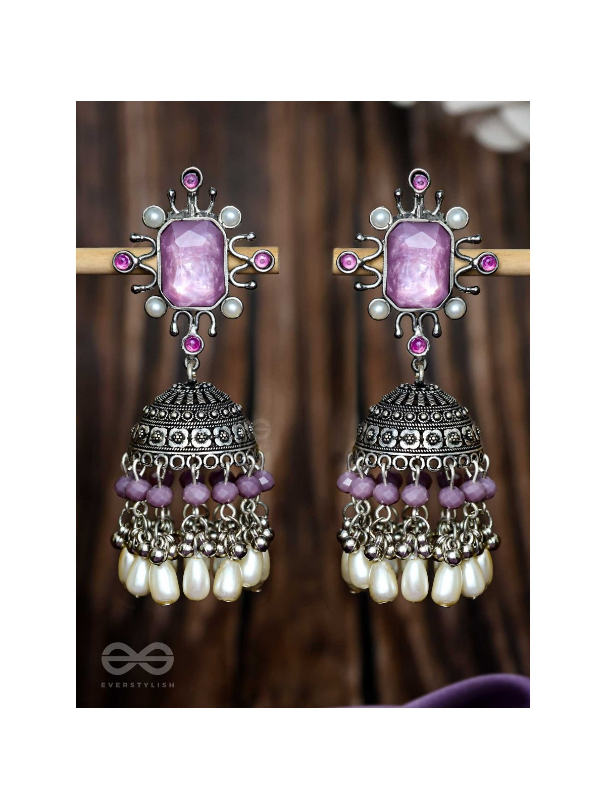 A MYSTICAL DUSK - STATEMENT EMBELLISHED OXIDISED JHUMKA EARRINGS