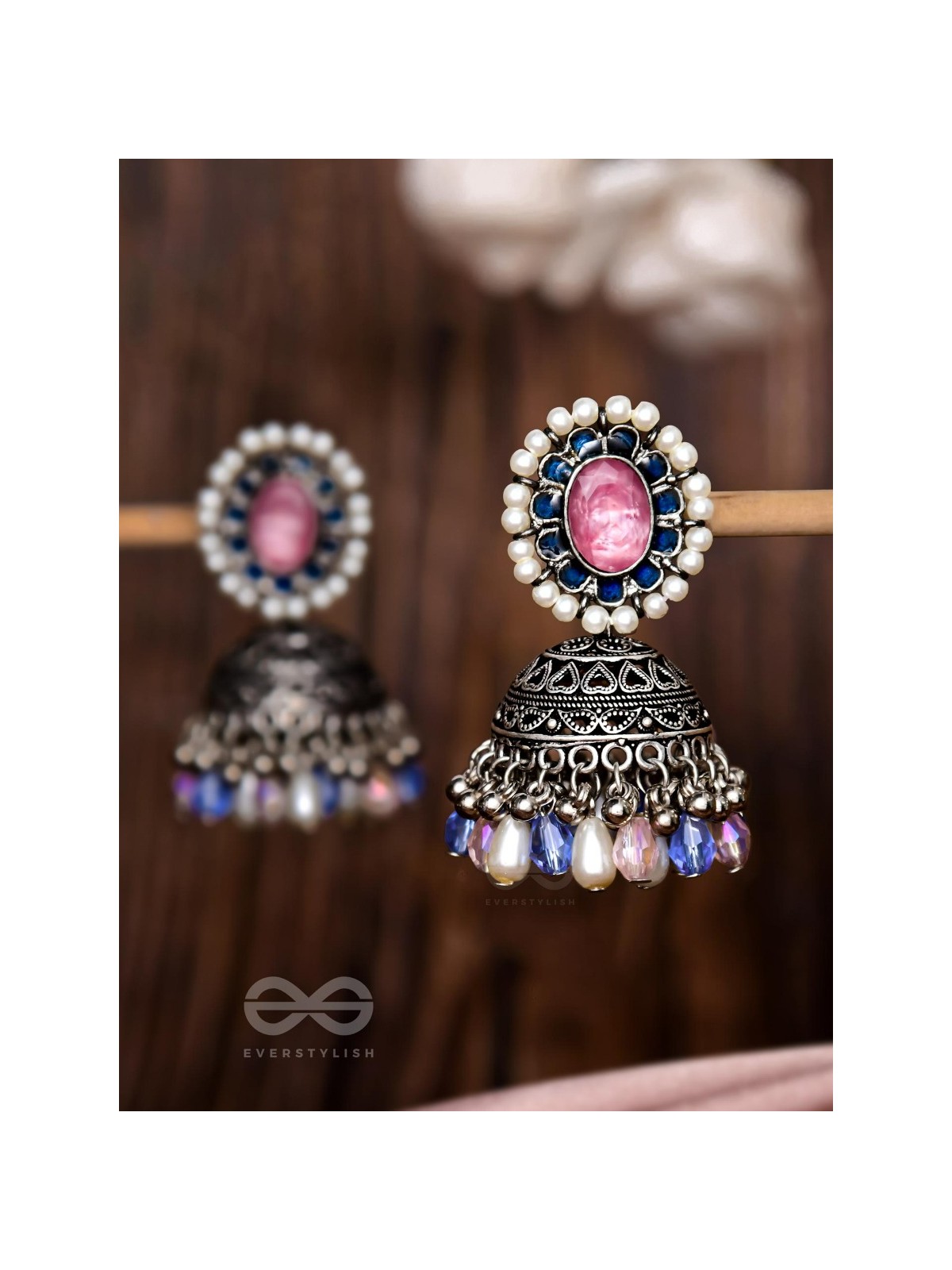  REGAL BLUSHIN' SKY - EMBELLISHED OXIDISED JHUMKA EARRINGS