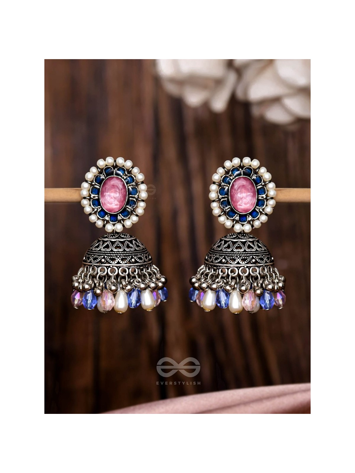  REGAL BLUSHIN' SKY - EMBELLISHED OXIDISED JHUMKA EARRINGS