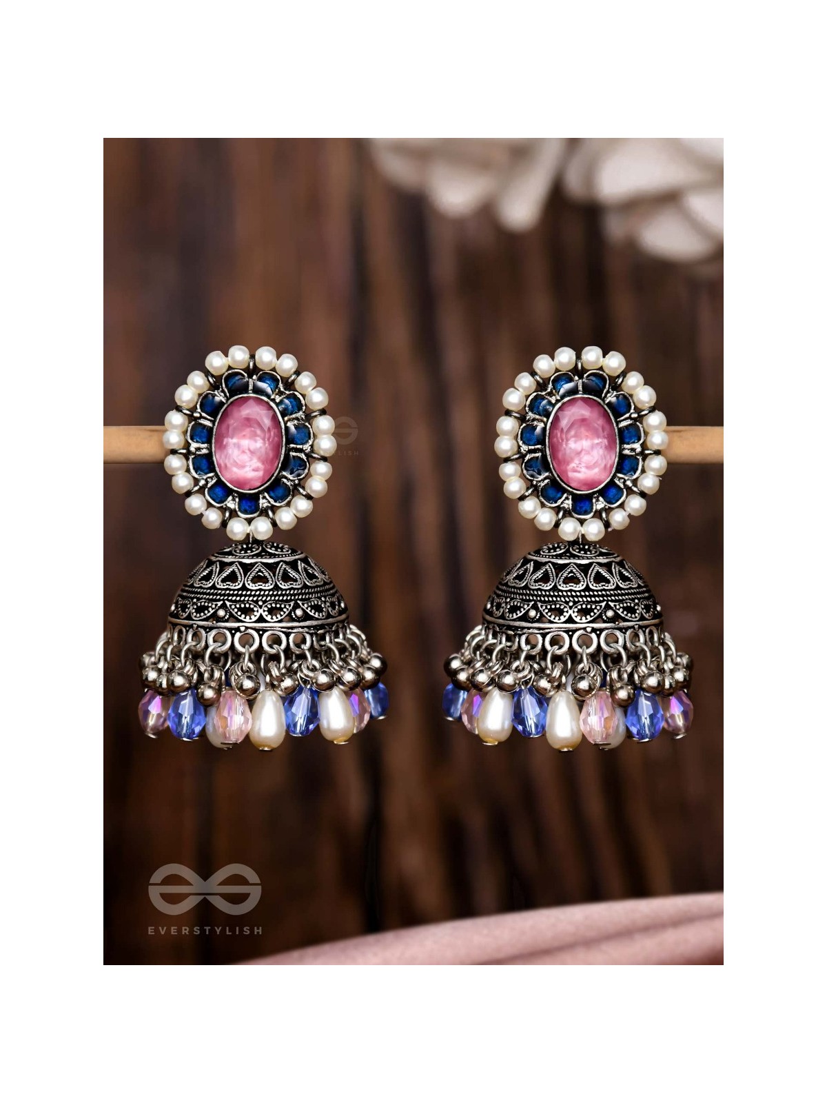  REGAL BLUSHIN' SKY - EMBELLISHED OXIDISED JHUMKA EARRINGS