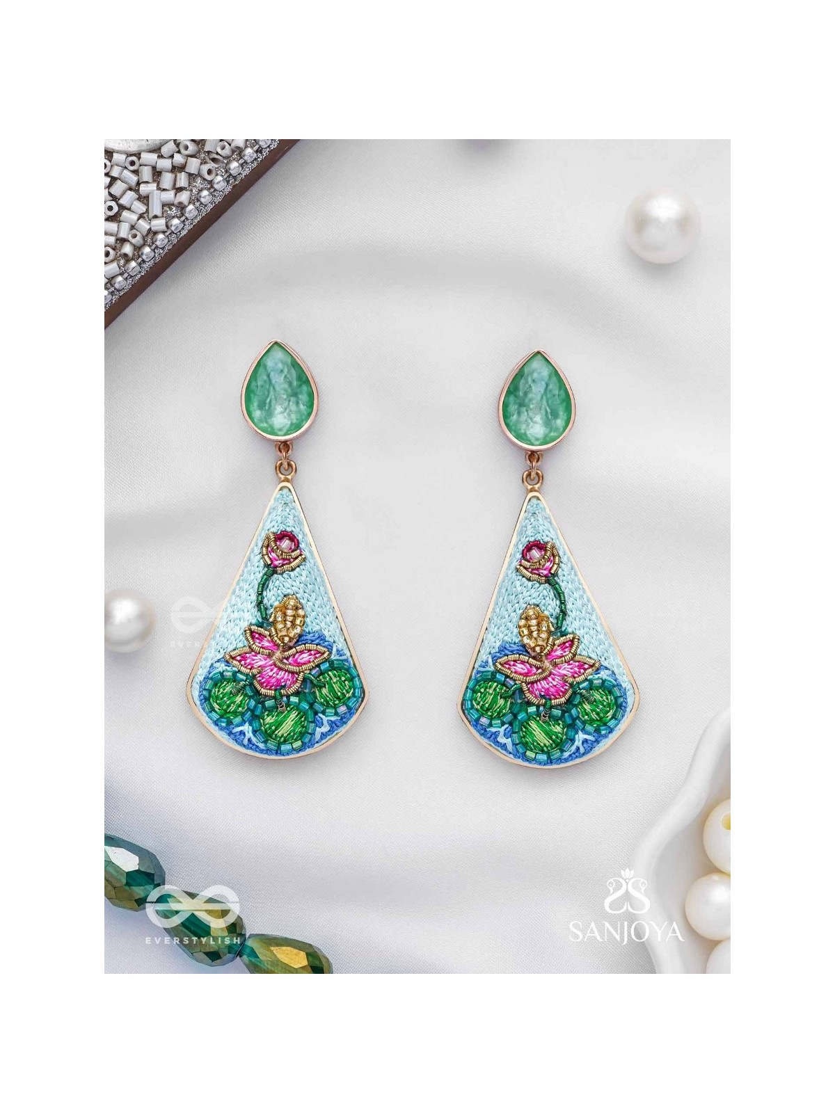 Padmalatā - Lotus Vine Hand-embroidered earrings with Cutdana, Dabka and Resham thread work 