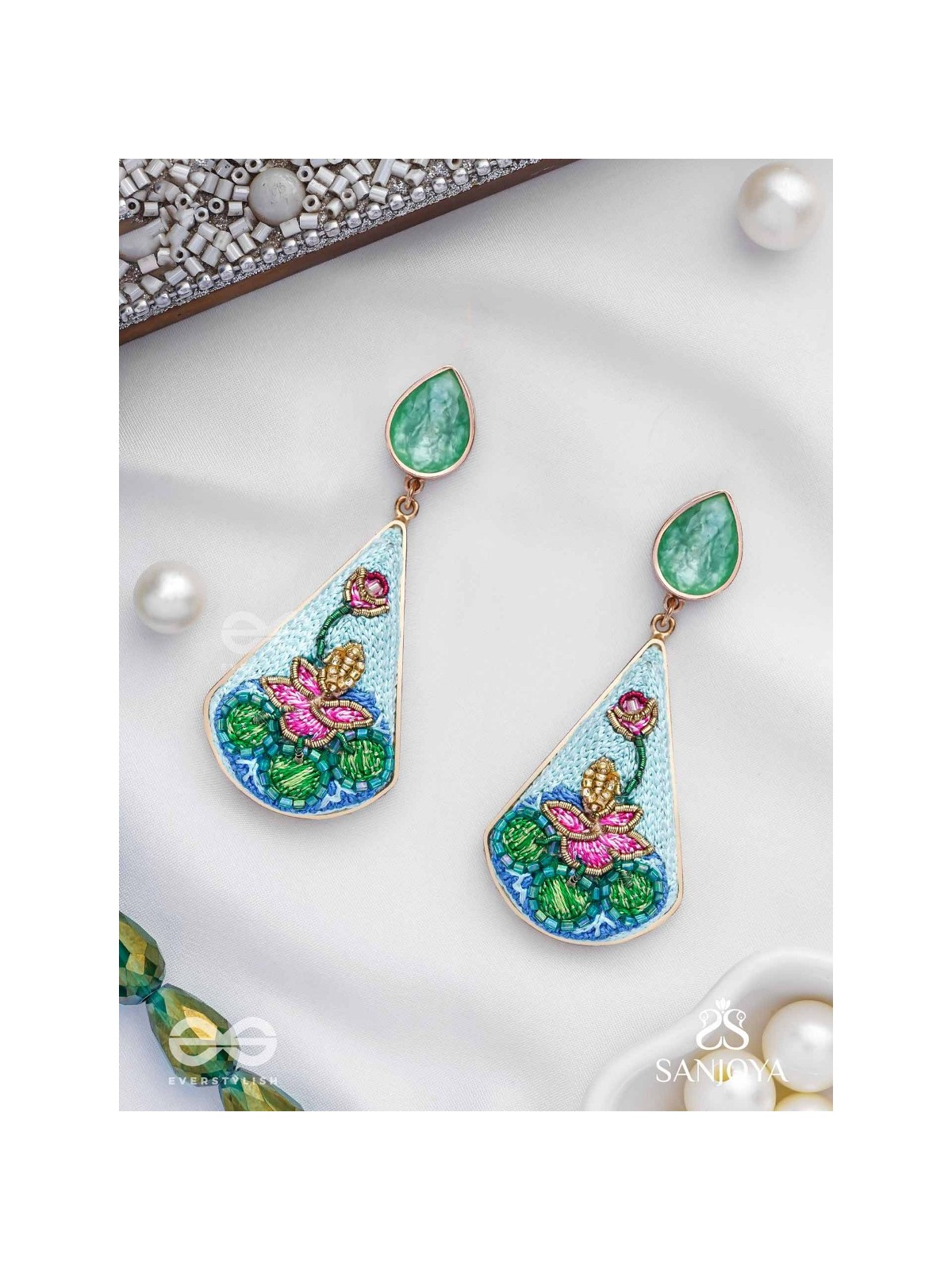 Padmalatā - Lotus Vine Hand-embroidered earrings with Cutdana, Dabka and Resham thread work 
