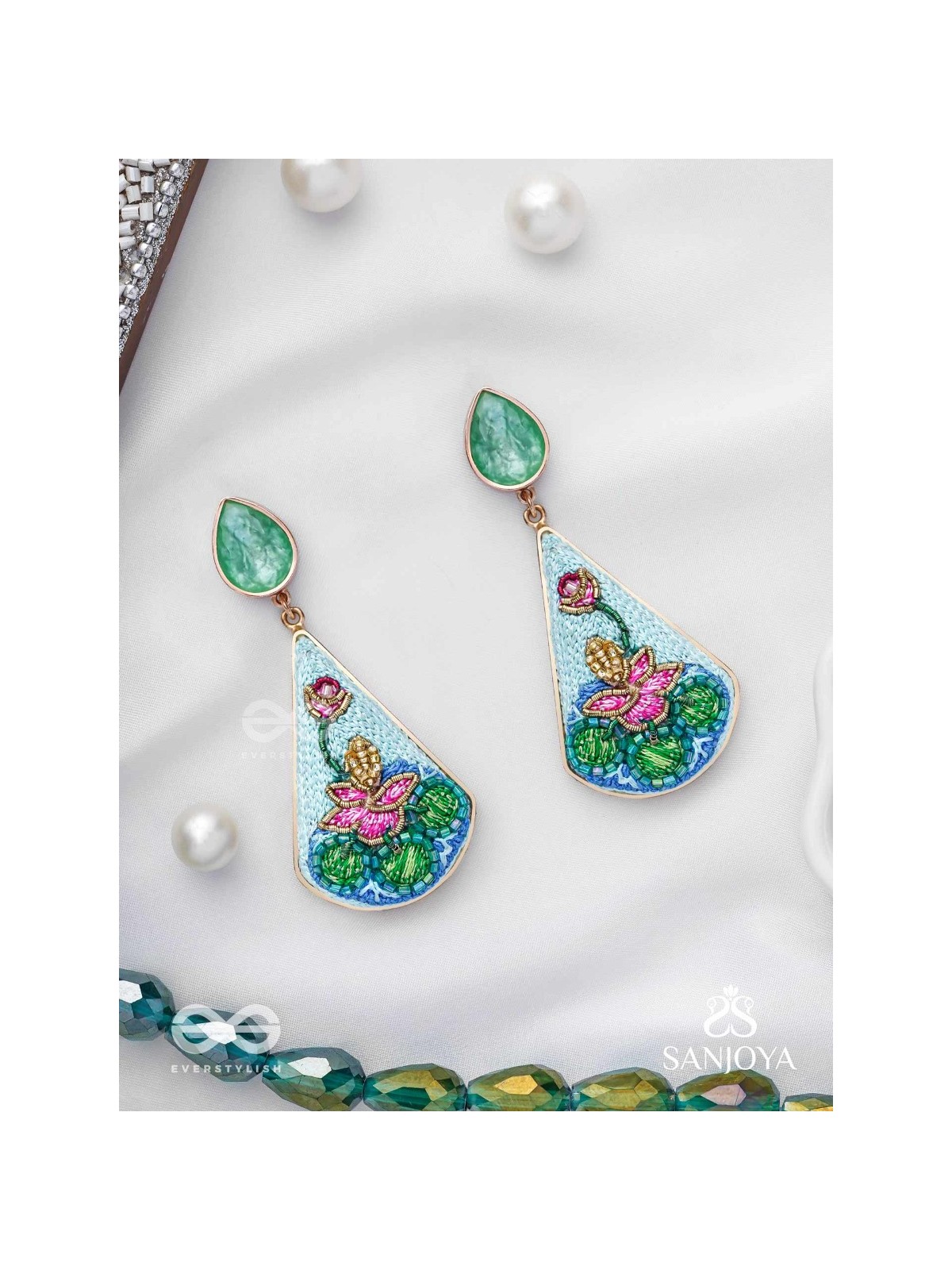 Padmalatā - Lotus Vine Hand-embroidered earrings with Cutdana, Dabka and Resham thread work 