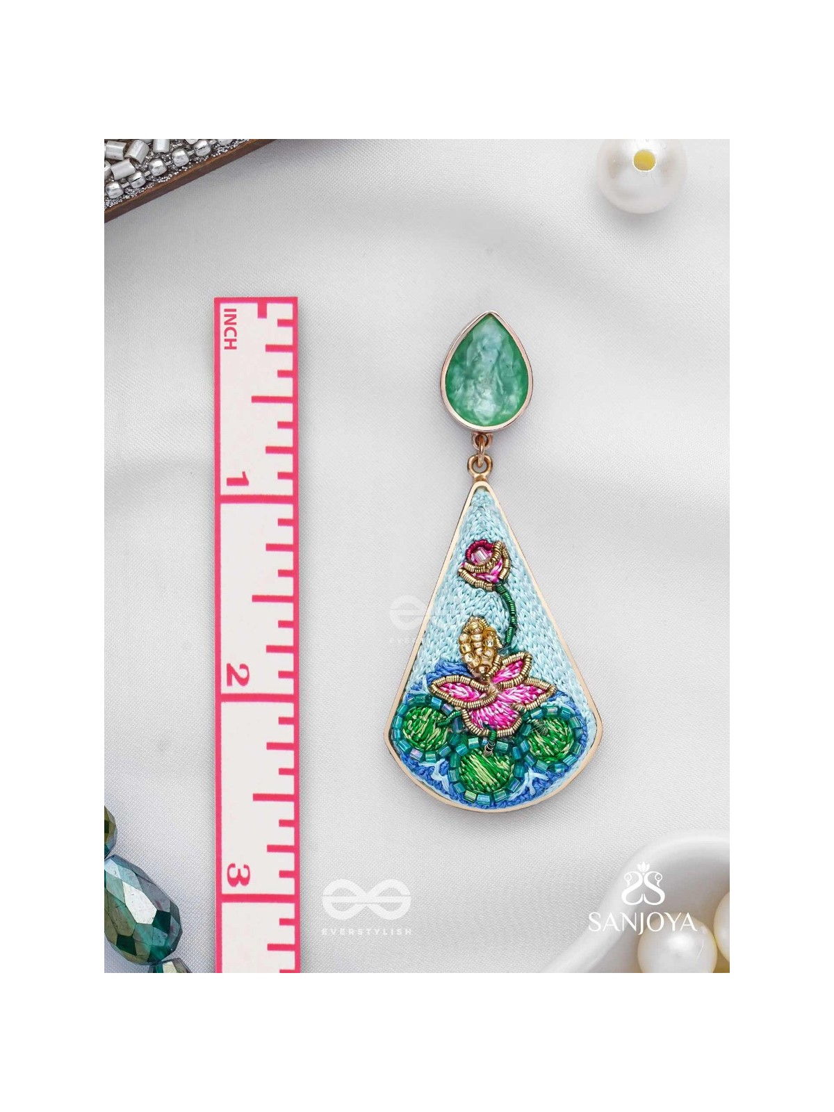 Padmalatā - Lotus Vine Hand-embroidered earrings with Cutdana, Dabka and Resham thread work 