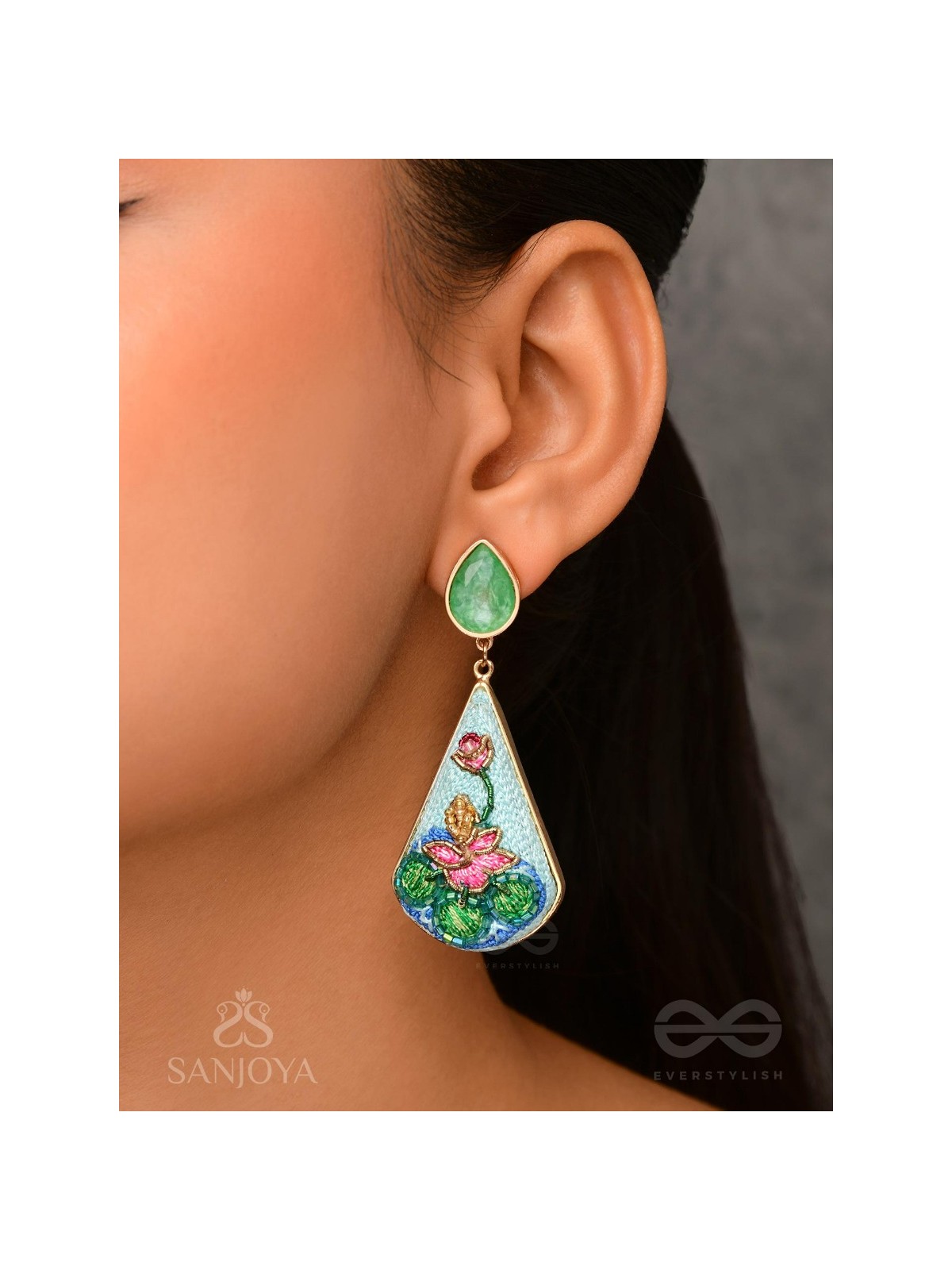 Padmalatā - Lotus Vine Hand-embroidered earrings with Cutdana, Dabka and Resham thread work 