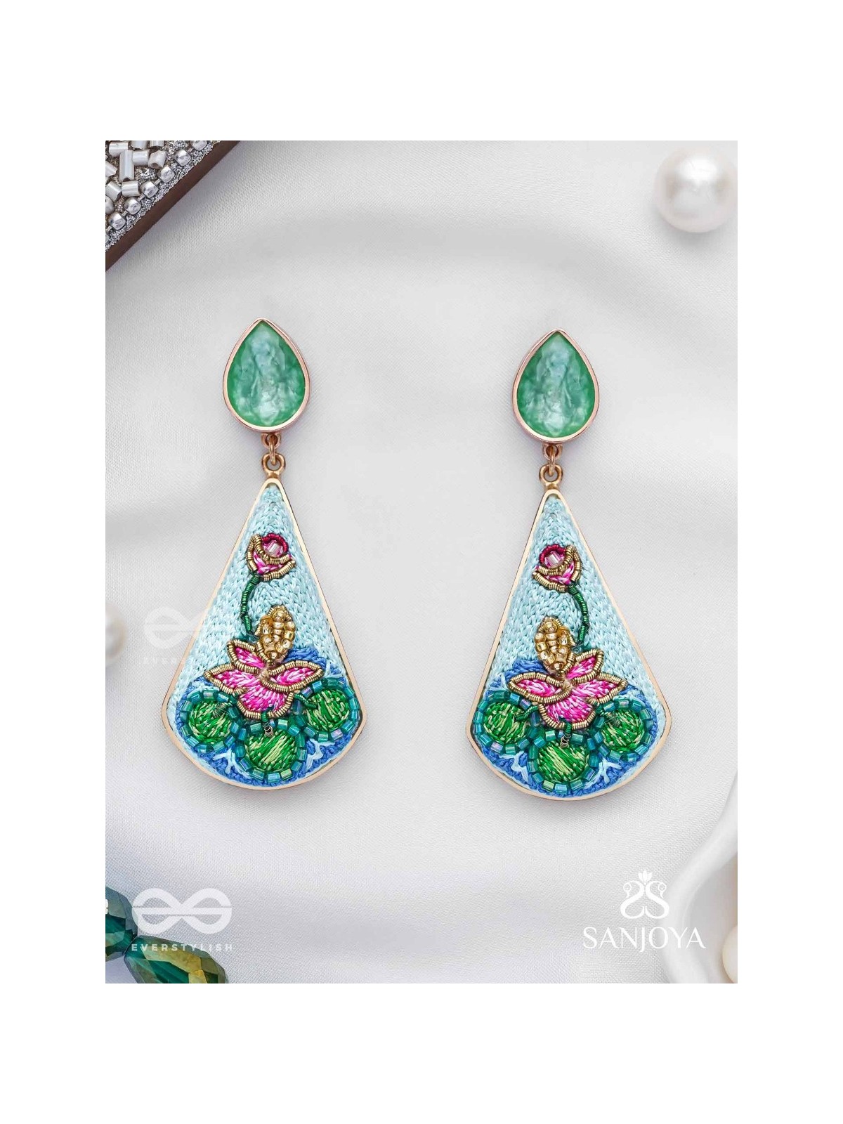 Padmalatā - Lotus Vine Hand-embroidered earrings with Cutdana, Dabka and Resham thread work 
