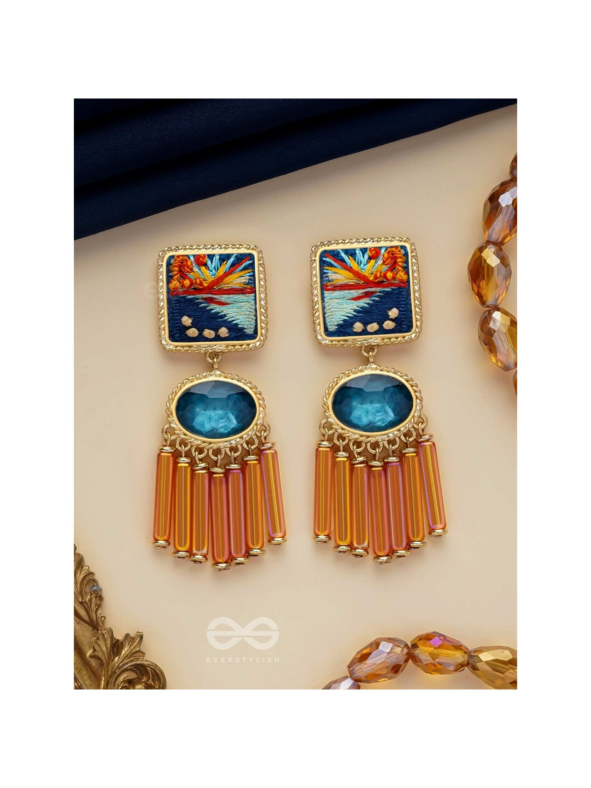 Ajyavari - The Seashore Sunshine - Resham And Stone Hand Embroidered Earrings
