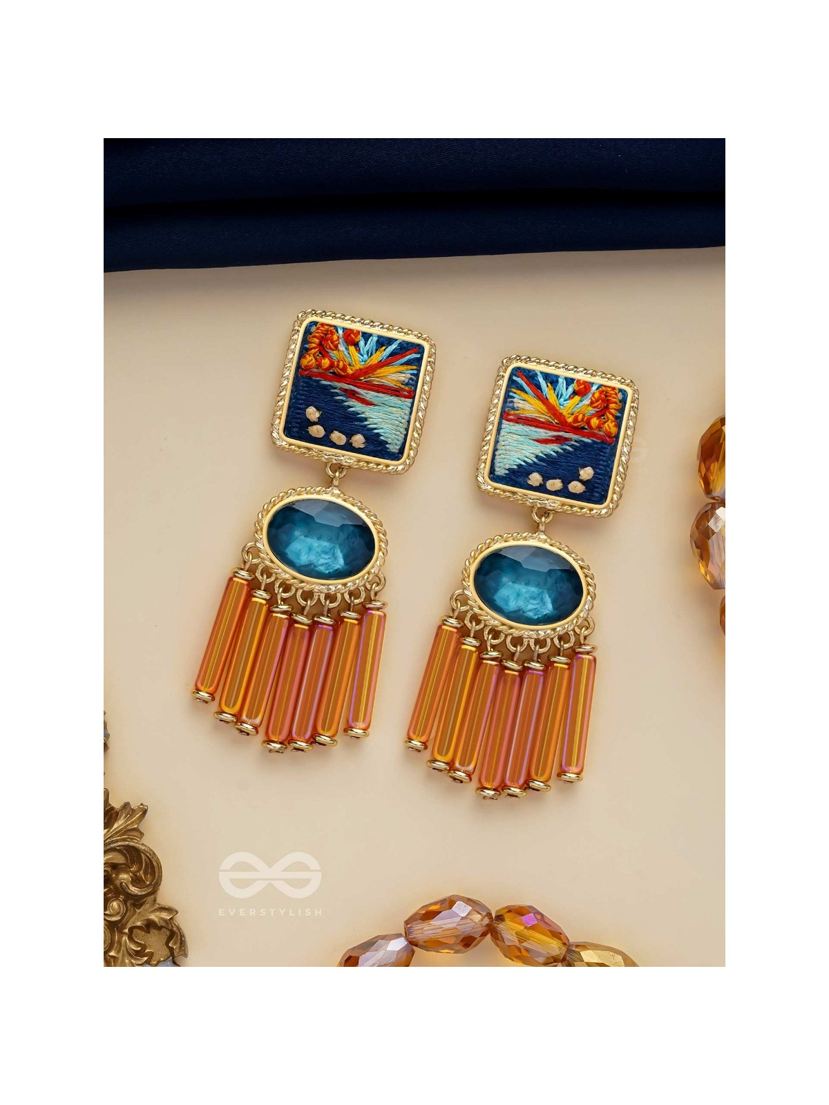 Ajyavari - The Seashore Sunshine - Resham And Stone Hand Embroidered Earrings