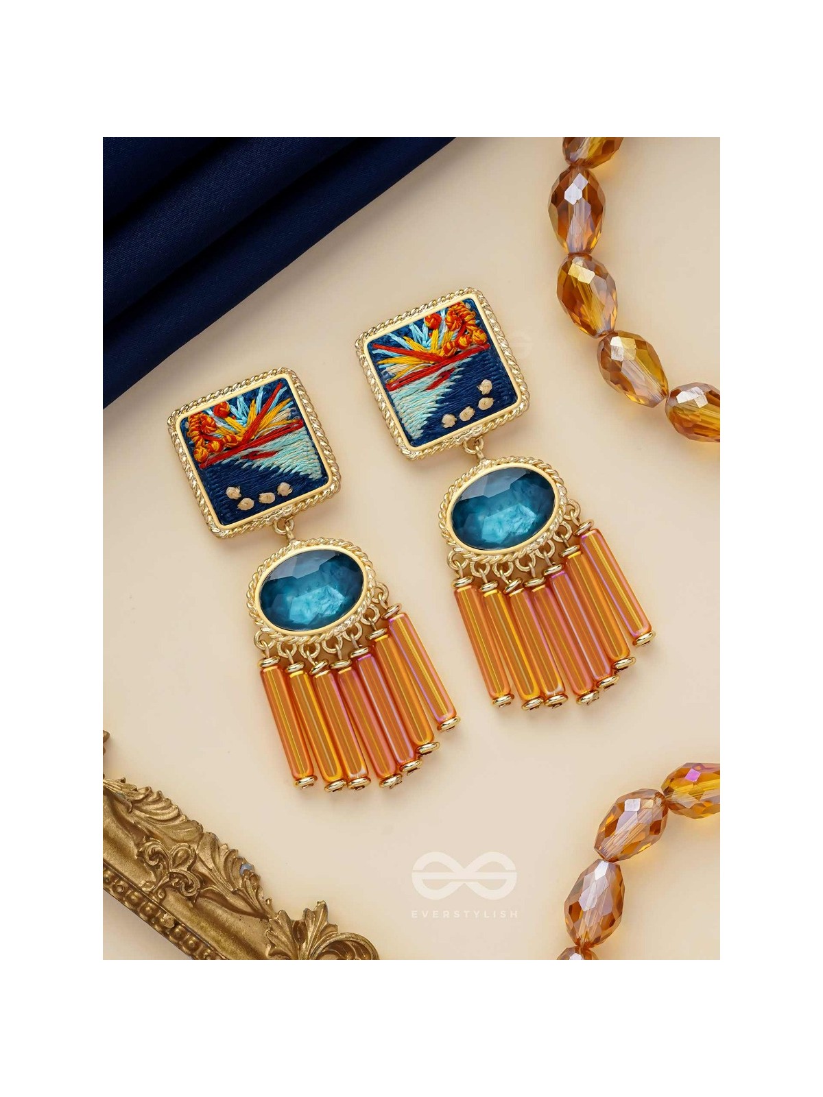 Ajyavari - The Seashore Sunshine - Resham And Stone Hand Embroidered Earrings