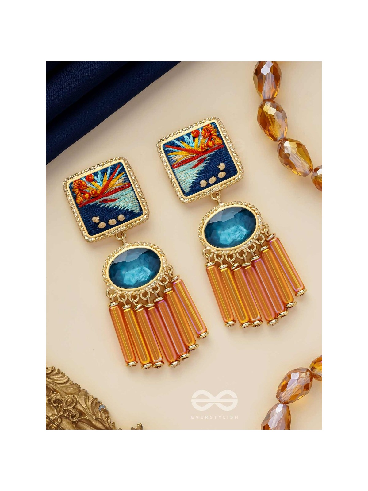 Ajyavari - The Seashore Sunshine - Resham And Stone Hand Embroidered Earrings