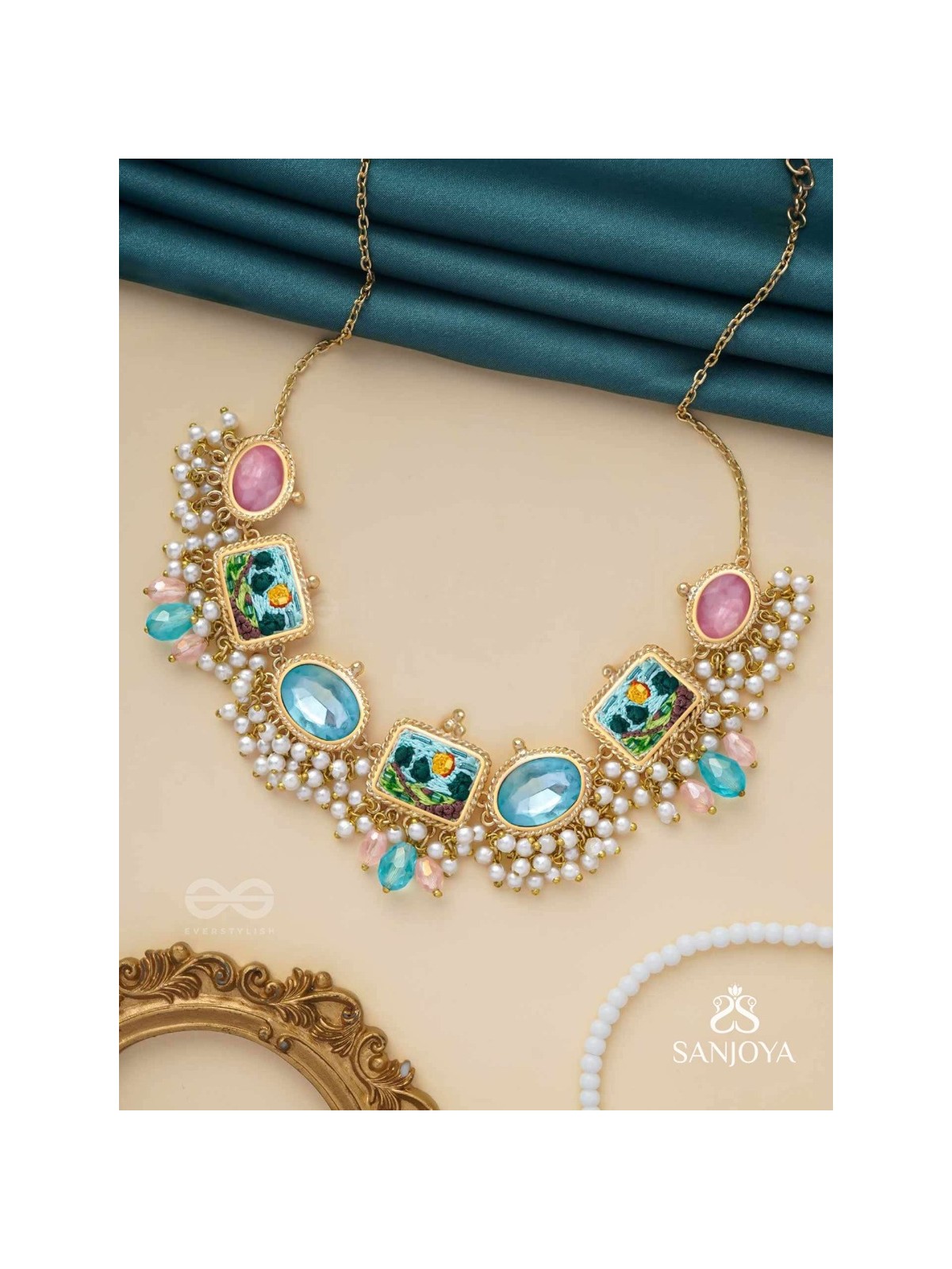 Vividhruma - Colorful Blossoms - Stones, Beads And Resham Hand Embroidered Neckpiece