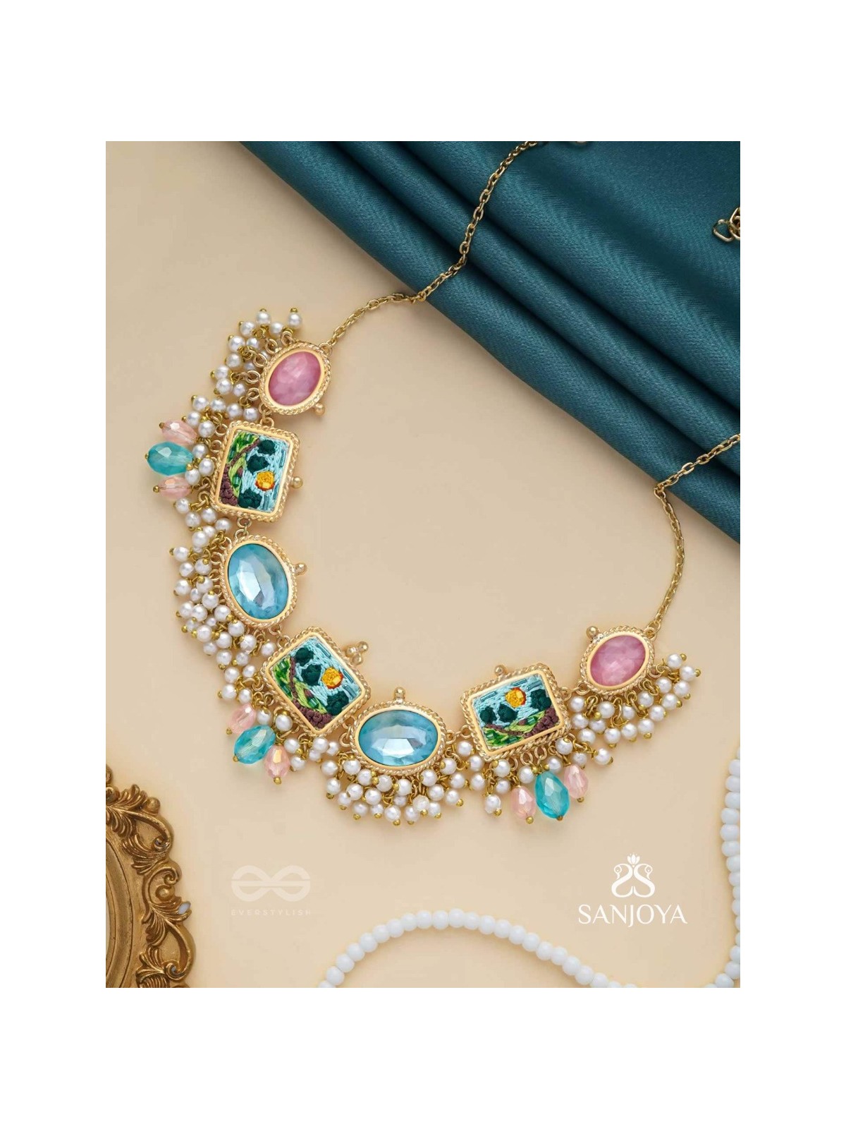 Vividhruma - Colorful Blossoms - Stones, Beads And Resham Hand Embroidered Neckpiece