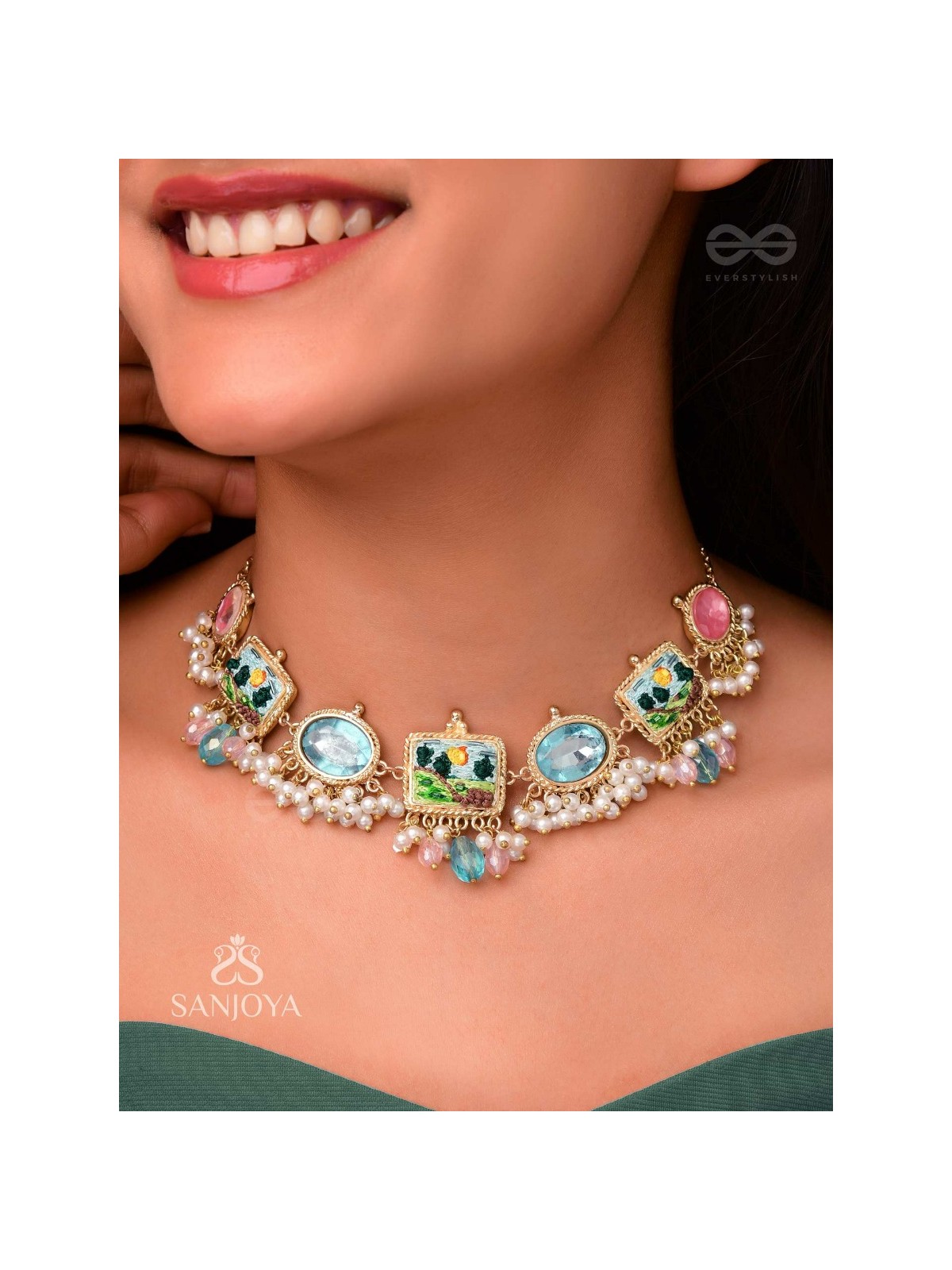 Vividhruma - Colorful Blossoms - Stones, Beads And Resham Hand Embroidered Neckpiece