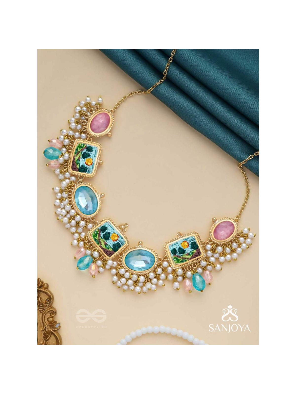 Vividhruma - Colorful Blossoms - Stones, Beads And Resham Hand Embroidered Neckpiece