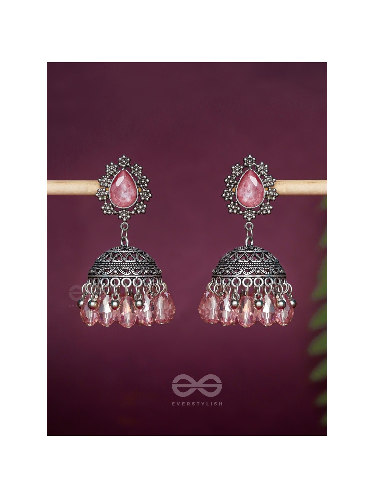 A CORAL CRUSH - EMBELLISHED OXIDISED JHUMKA EARRINGS