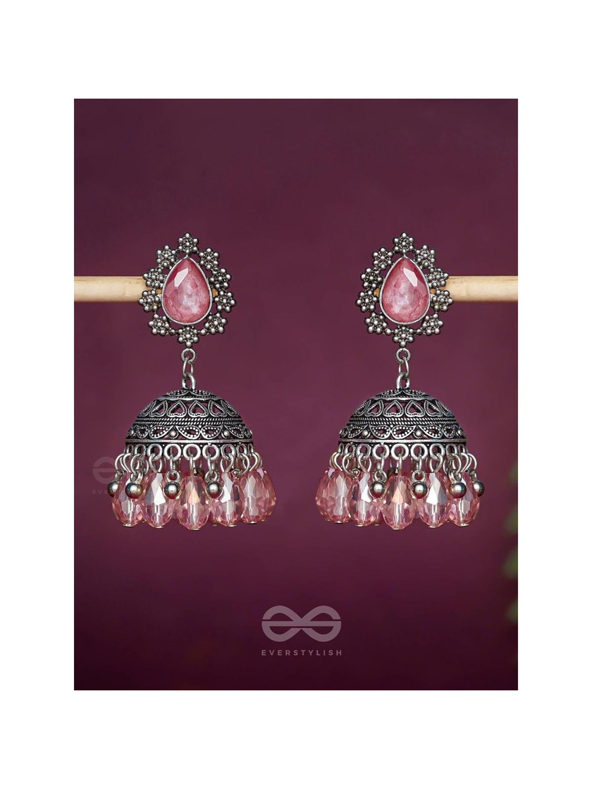 A CORAL CRUSH - EMBELLISHED OXIDISED JHUMKA EARRINGS