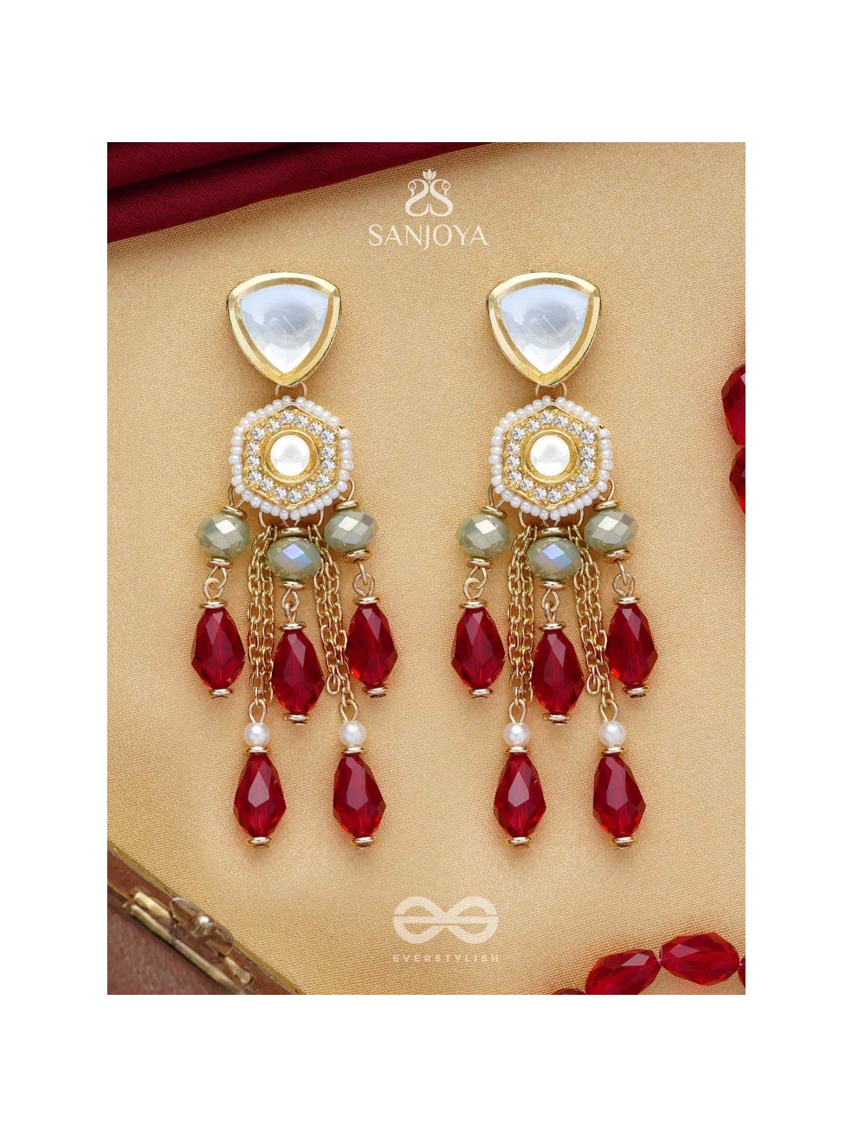 Prenkha - Scarlet Sways - Golden Embellished Polki And Kundan Earrings