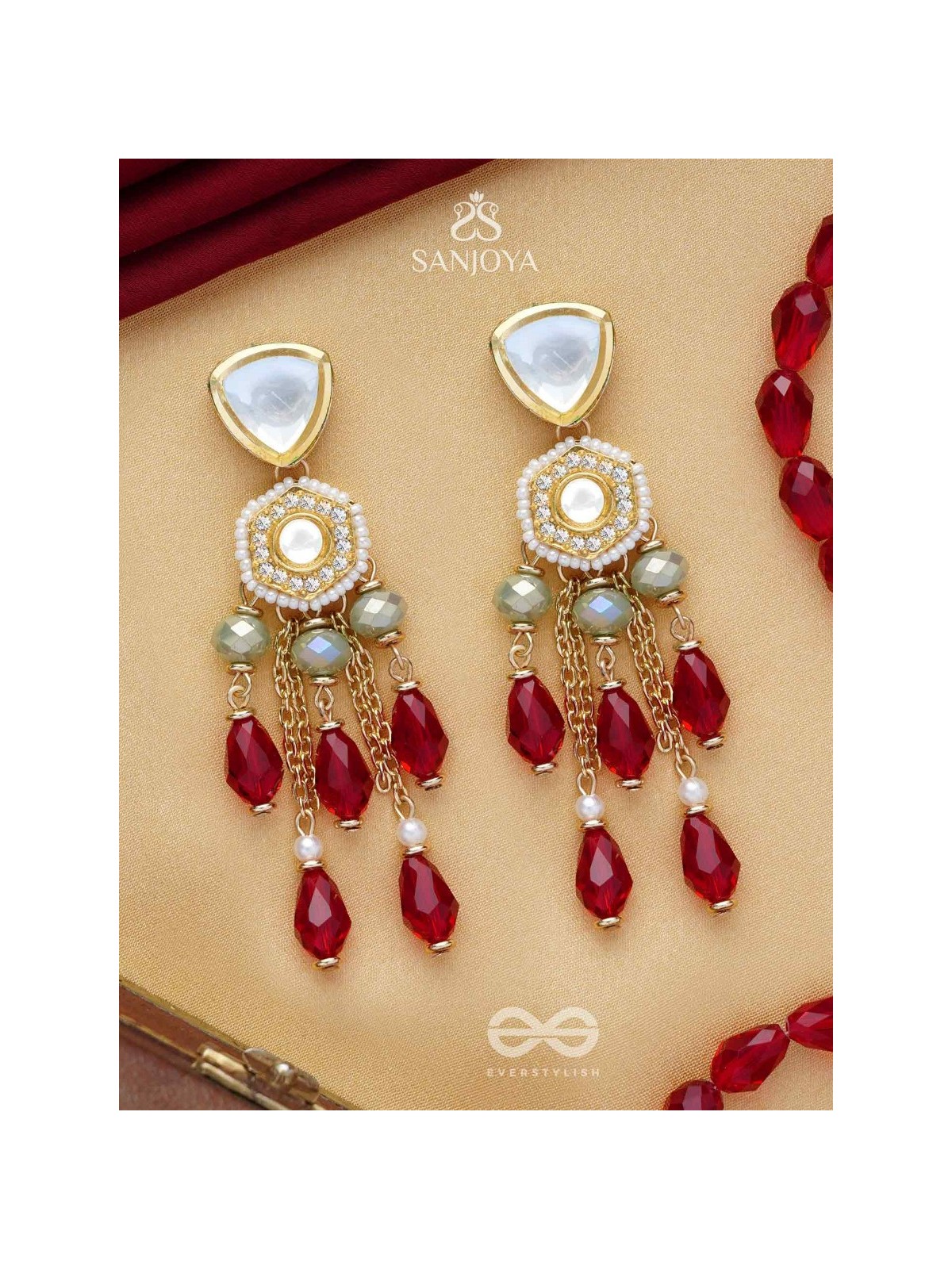 Prenkha - Scarlet Sways - Golden Embellished Polki And Kundan Earrings