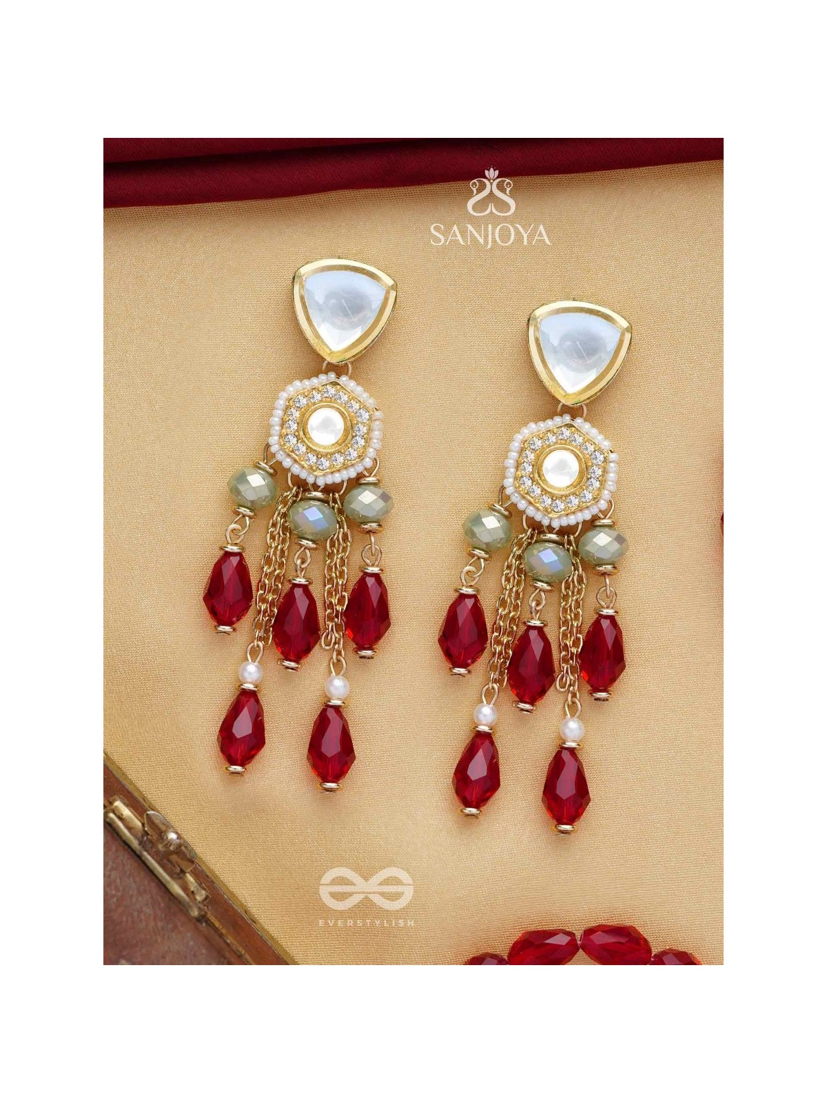 Prenkha - Scarlet Sways - Golden Embellished Polki And Kundan Earrings
