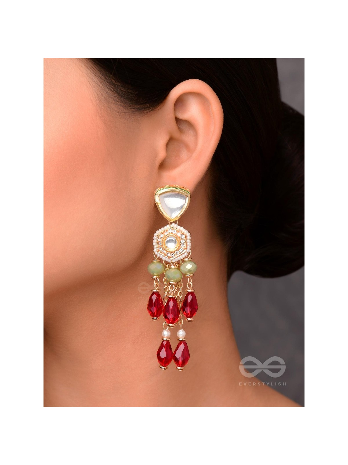 Prenkha - Scarlet Sways - Golden Embellished Polki And Kundan Earrings