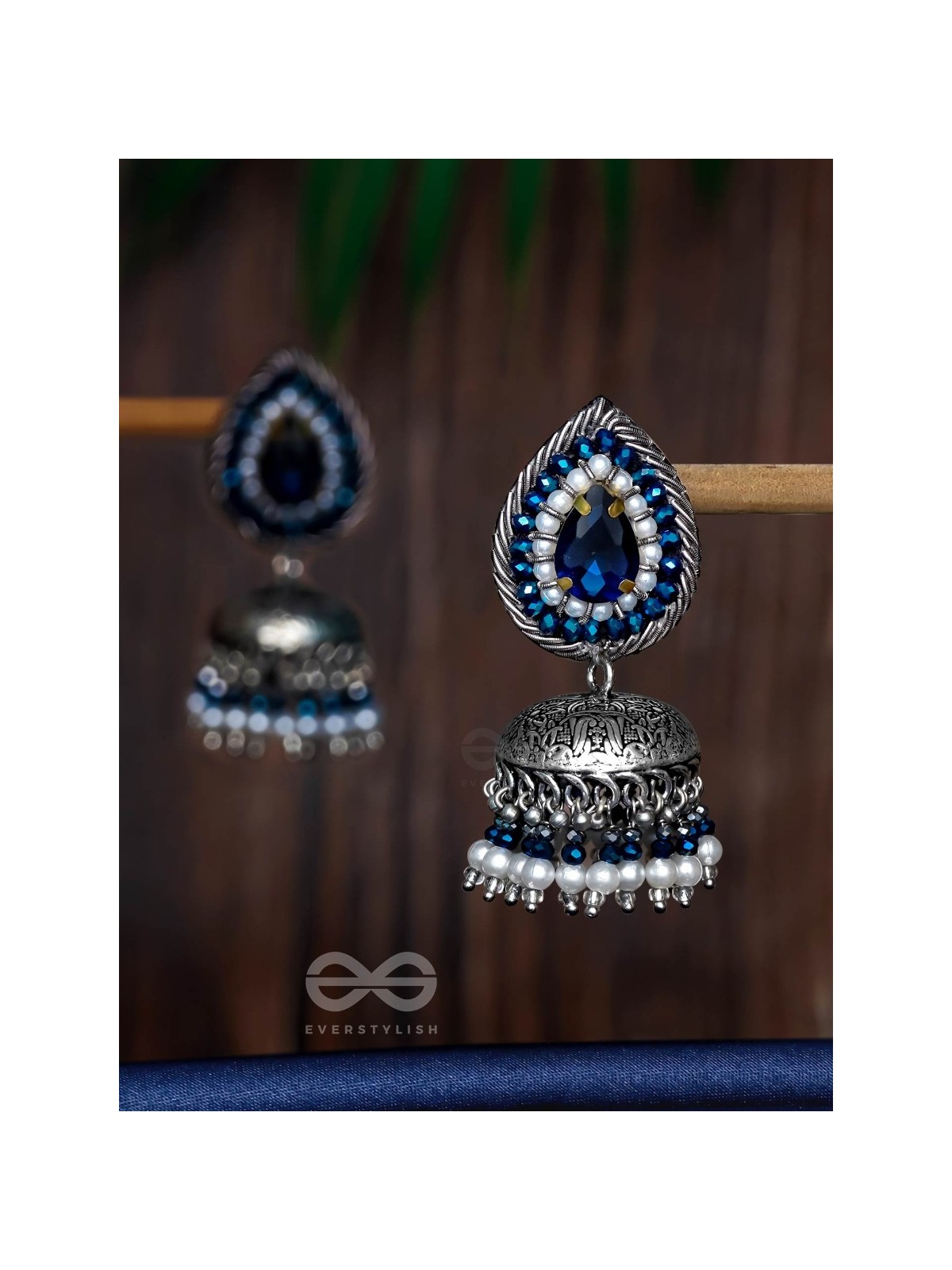 Ratryata - The Midnight Sapphire - Stone And Beads Hand Embroidered Oxidised Jhumka Earrings
